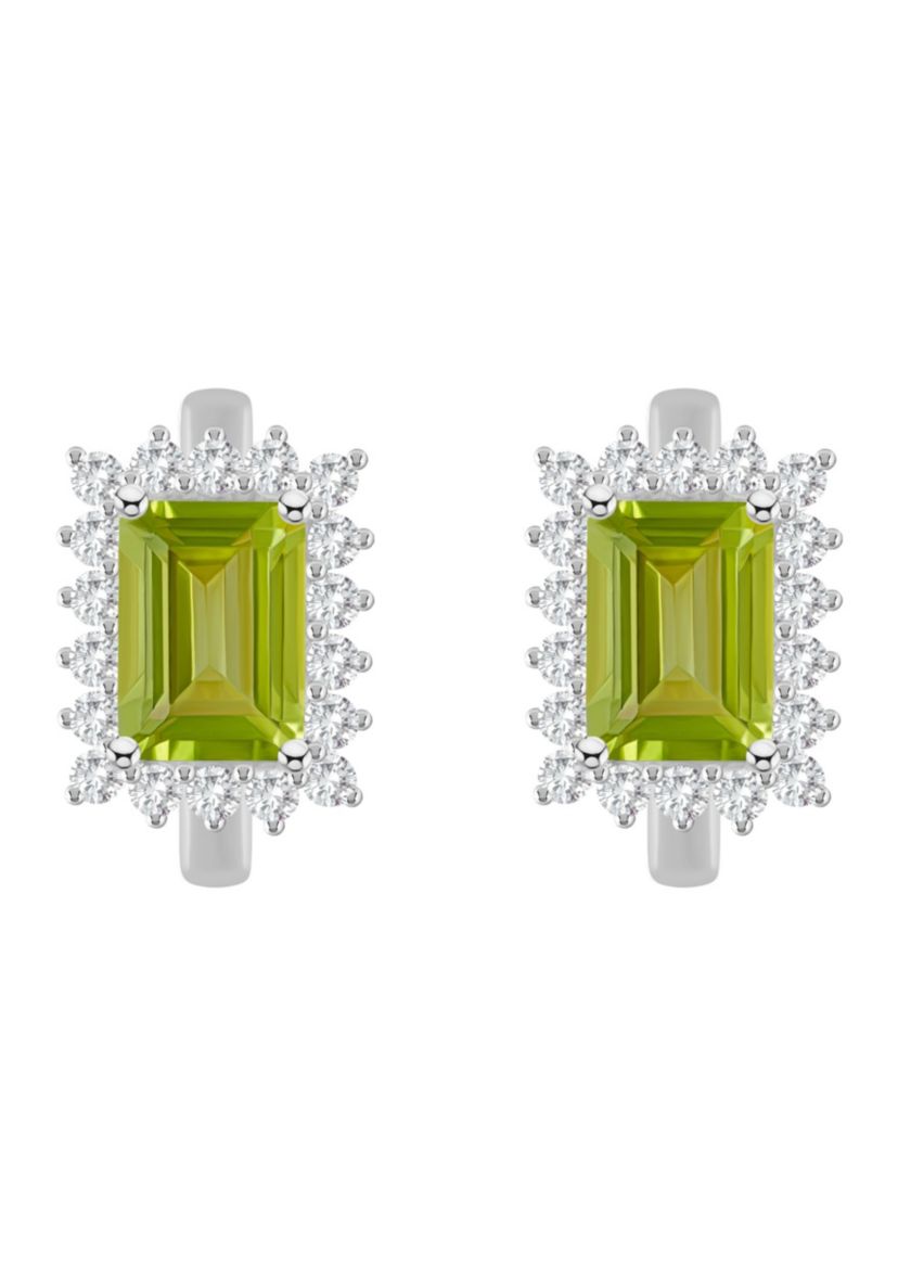 Sterling Silver 7x5mm Emerald Cut Peridot and White Topaz Halo Huggie Hoop Earrings