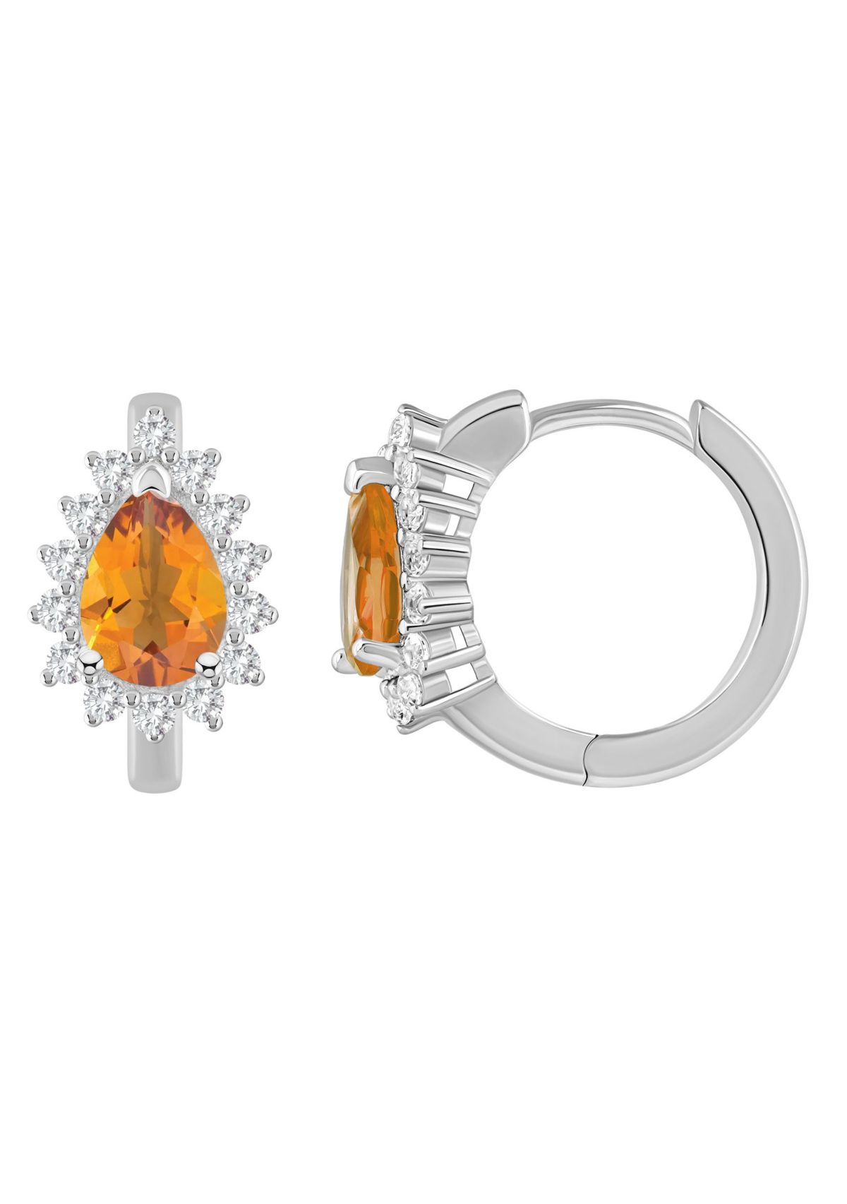 Sterling Silver 7x5mm Pear Shape Citrine and White Topaz Halo Huggie Hoop Earrings