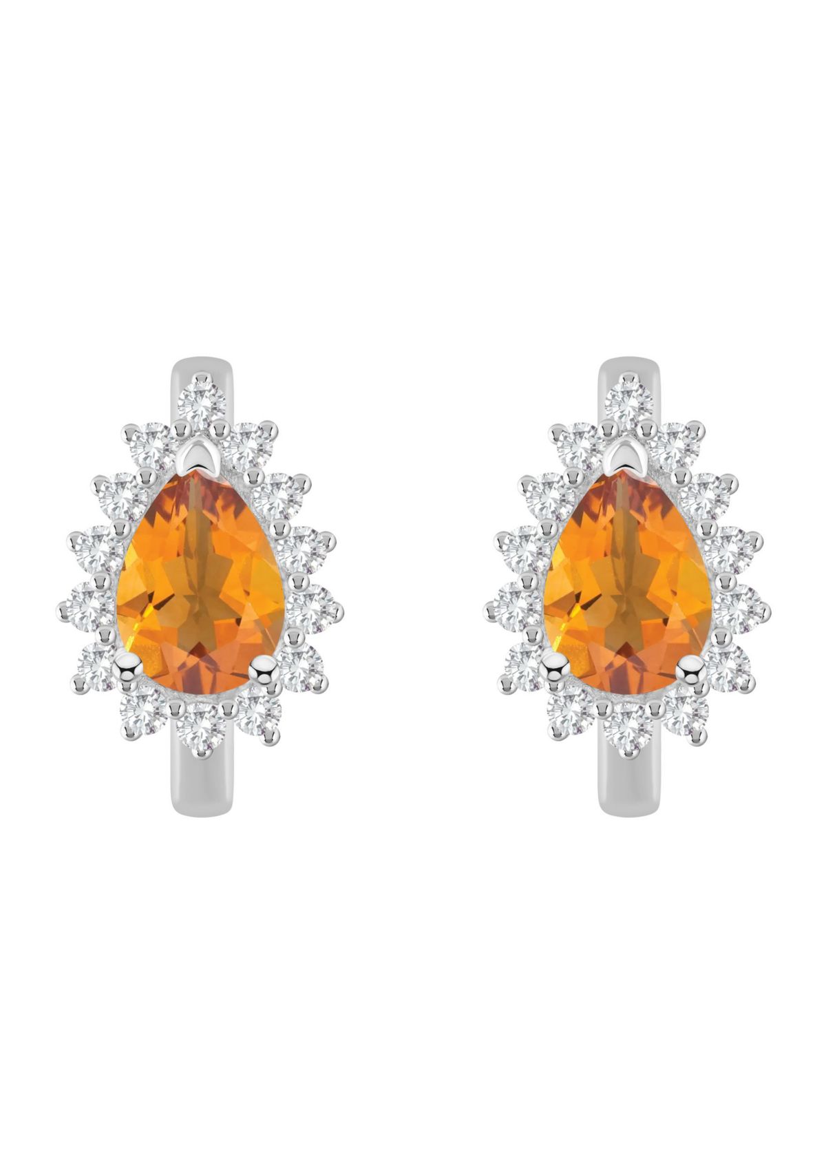 Sterling Silver 7x5mm Pear Shape Citrine and White Topaz Halo Huggie Hoop Earrings