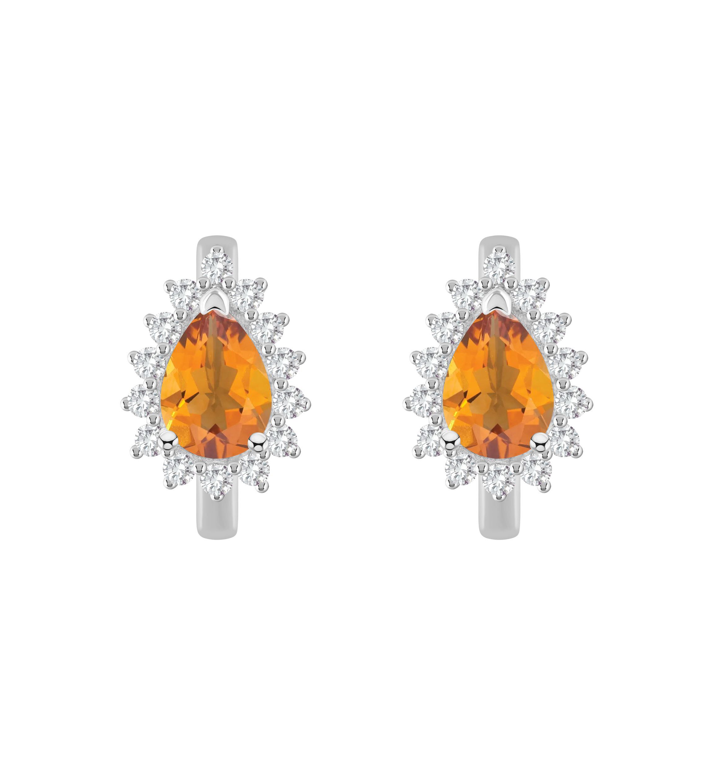 Sterling Silver 7x5mm Pear Shape Citrine and White Topaz Halo Huggie Hoop Earrings