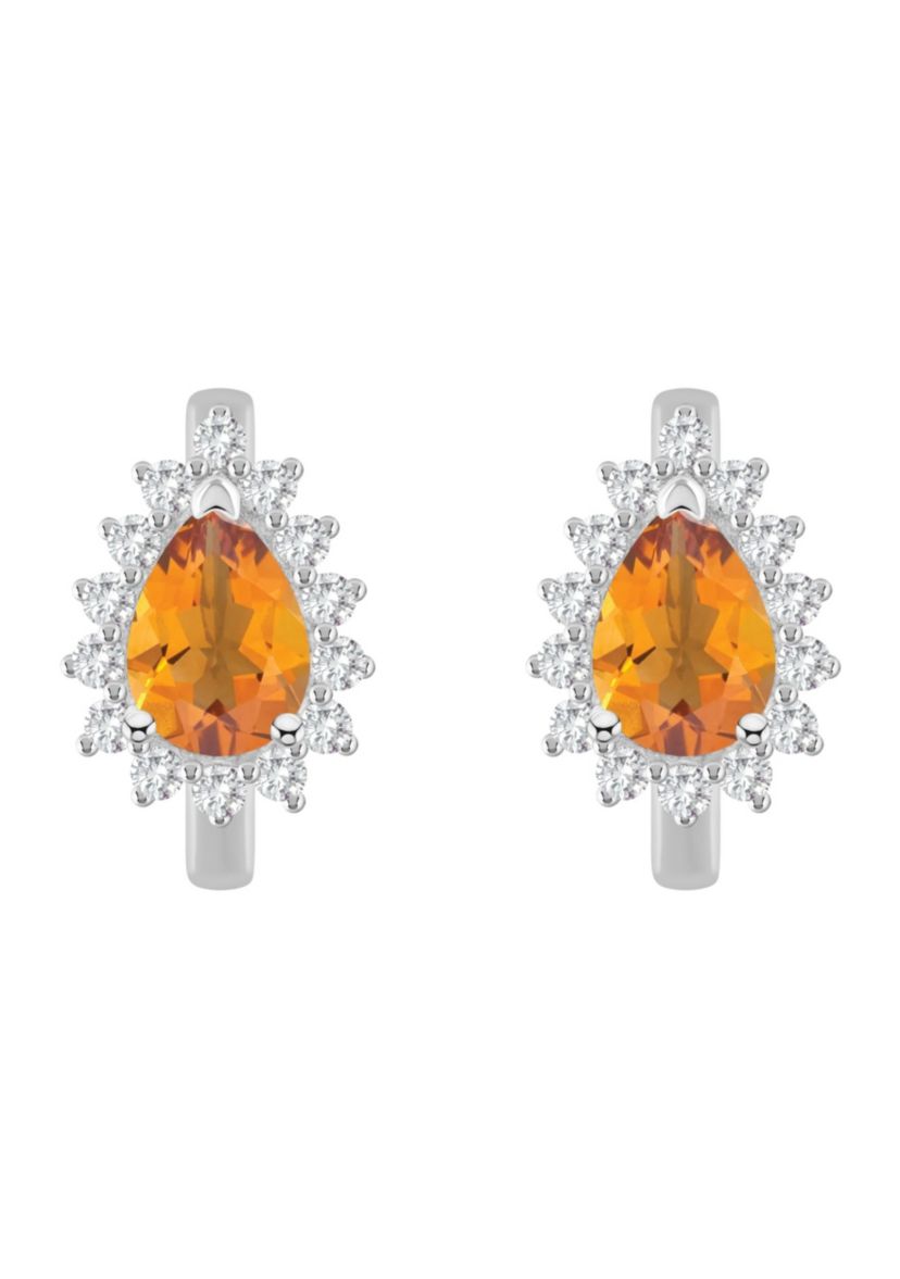 Sterling Silver 7x5mm Pear Shape Citrine and White Topaz Halo Huggie Hoop Earrings
