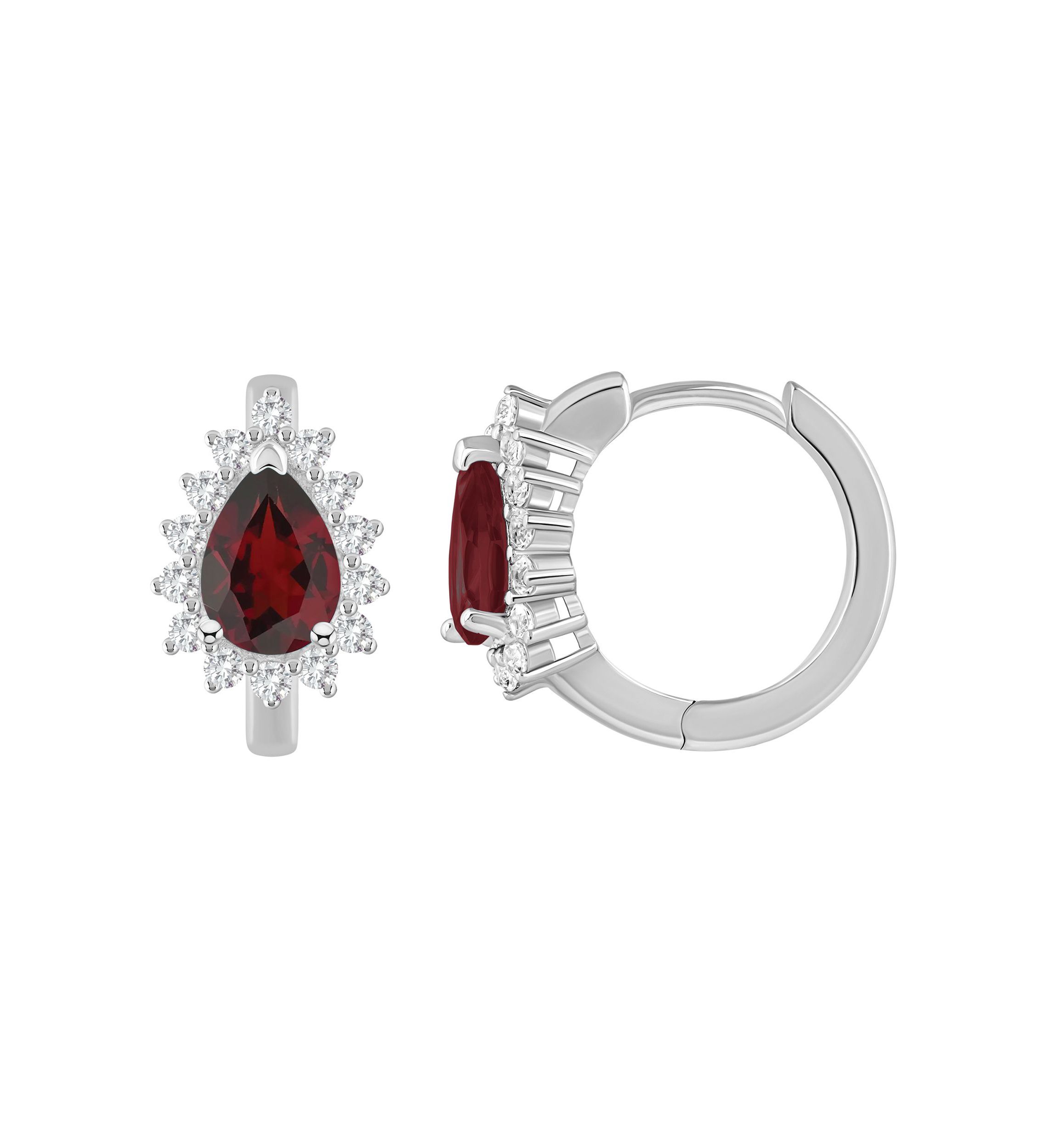 Sterling Silver 7x5mm Pear Shape Garnet and White Topaz Halo Huggie Hoop Earrings