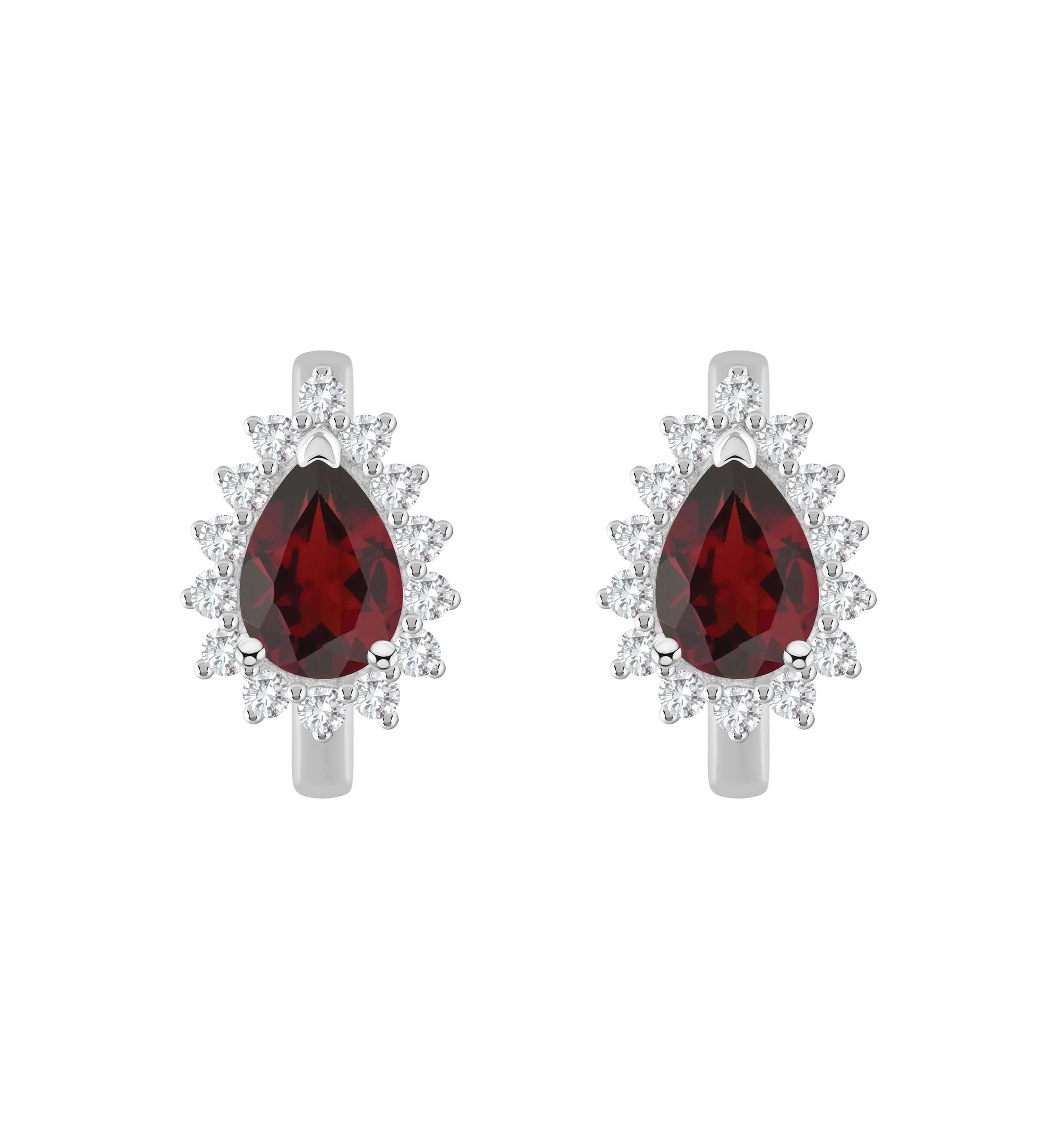Sterling Silver 7x5mm Pear Shape Garnet and White Topaz Halo Huggie Hoop Earrings