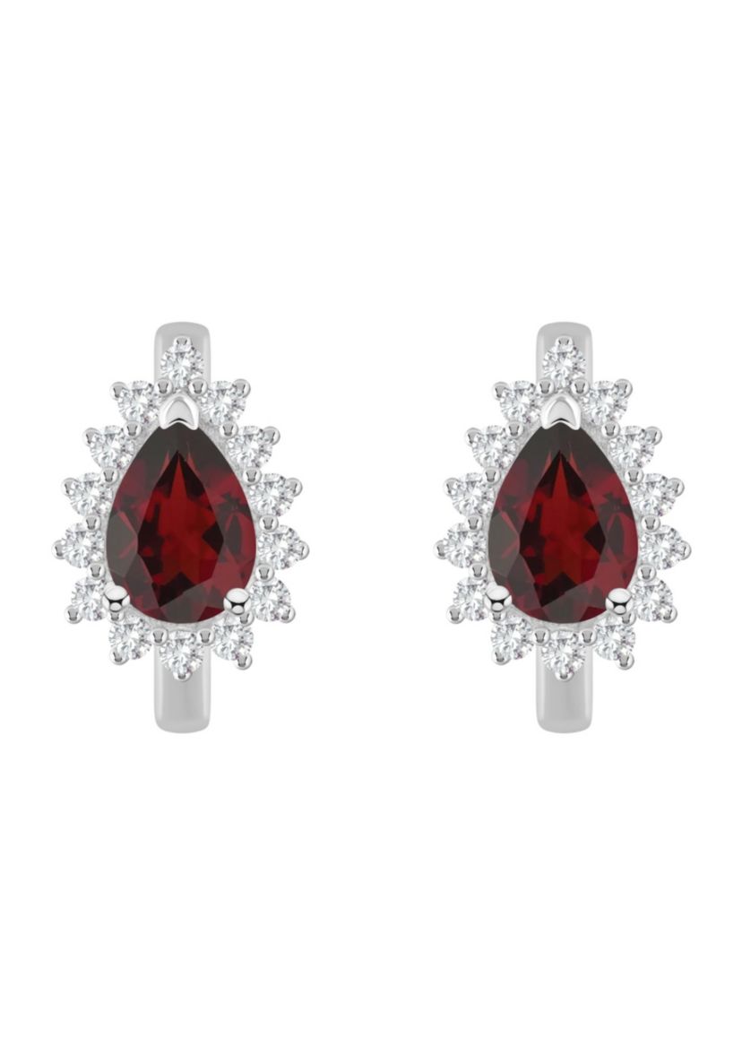 Sterling Silver 7x5mm Pear Shape Garnet and White Topaz Halo Huggie Hoop Earrings