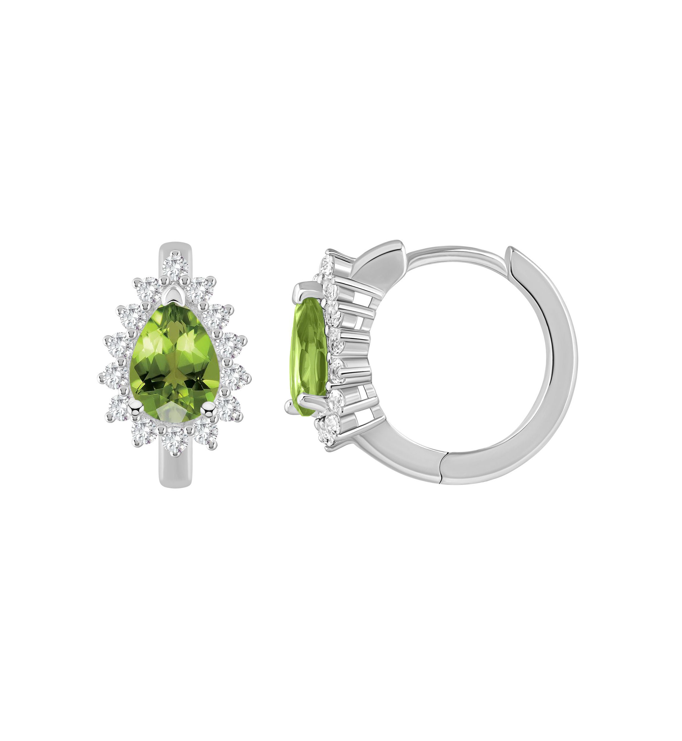 Sterling Silver 7x5mm Pear Shape Peridot and White Topaz Halo Huggie Hoop Earrings