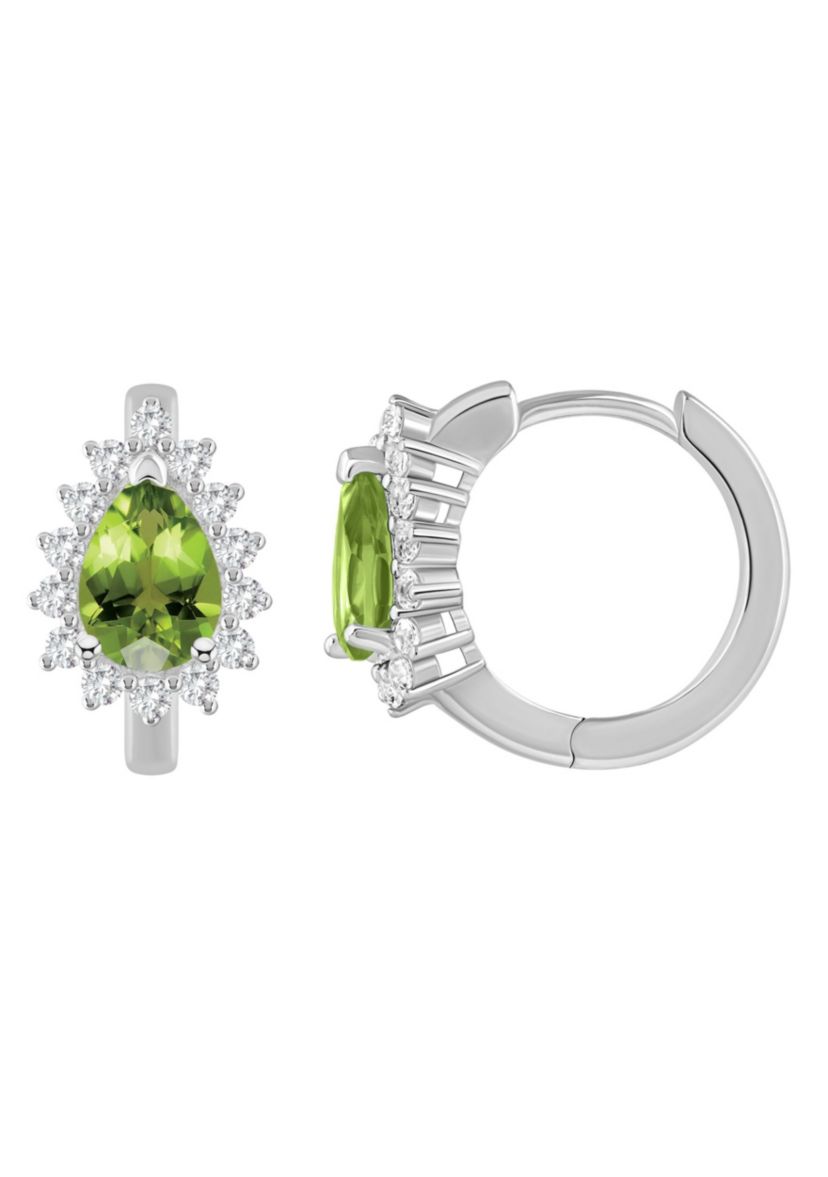 Sterling Silver 7x5mm Pear Shape Peridot and White Topaz Halo Huggie Hoop Earrings