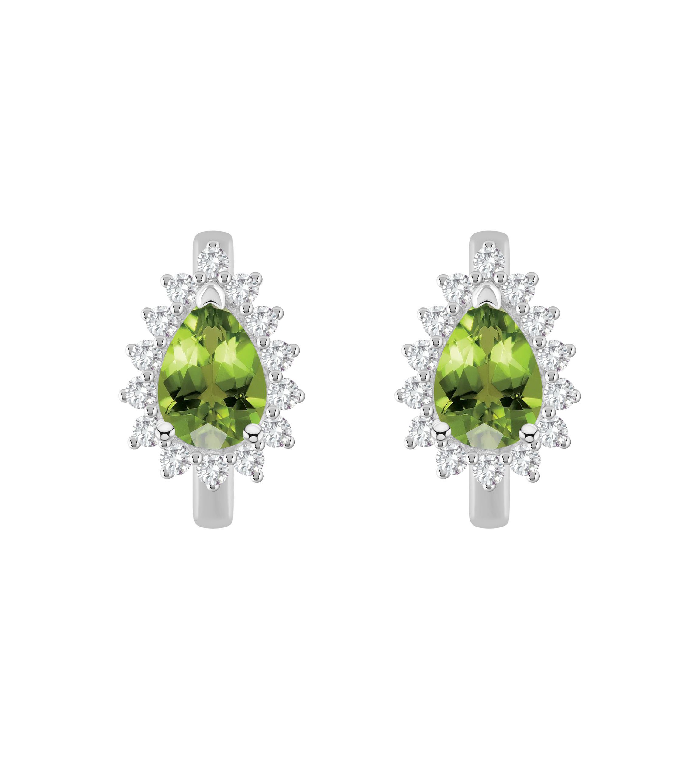 Sterling Silver 7x5mm Pear Shape Peridot and White Topaz Halo Huggie Hoop Earrings