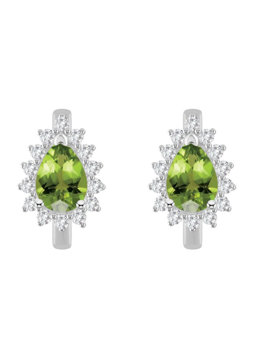 Sterling Silver 7x5mm Pear Shape Peridot and White Topaz Halo Huggie Hoop Earrings