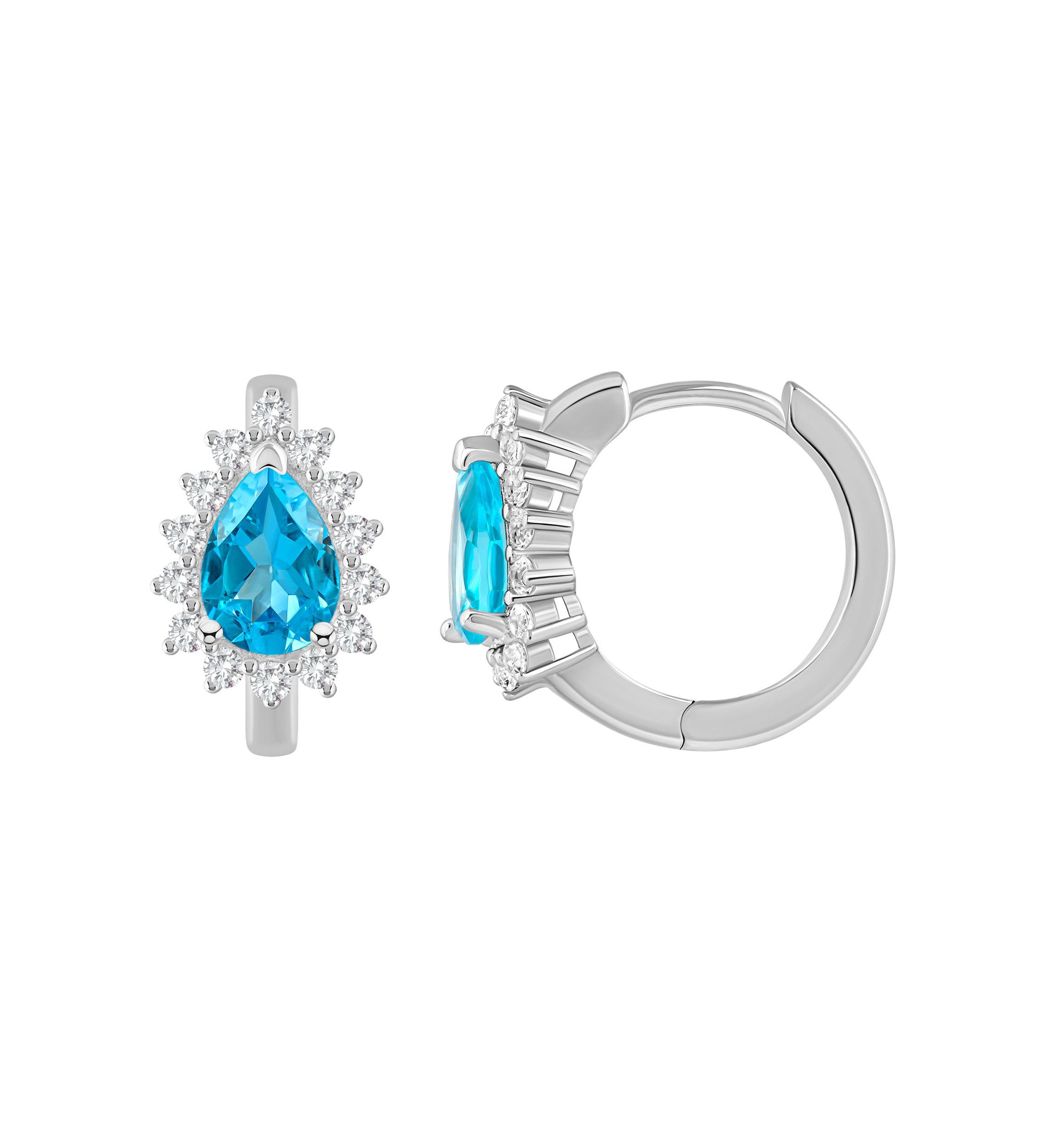 Sterling Silver 7x5mm Pear Shape Blue Topaz and White Topaz Halo Huggie Hoop Earrings