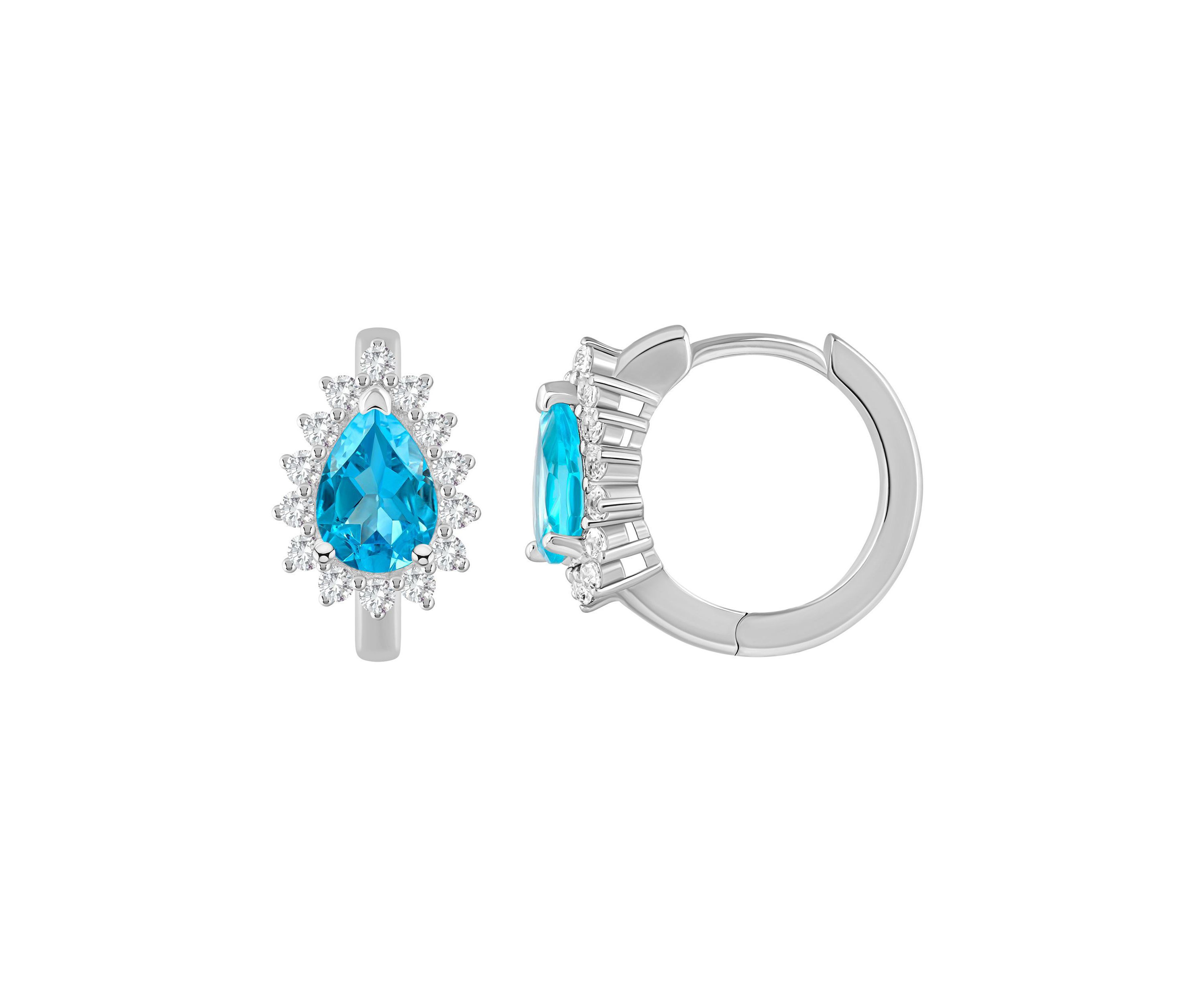 Sterling Silver 7x5mm Pear Shape Blue Topaz and White Topaz Halo Huggie Hoop Earrings