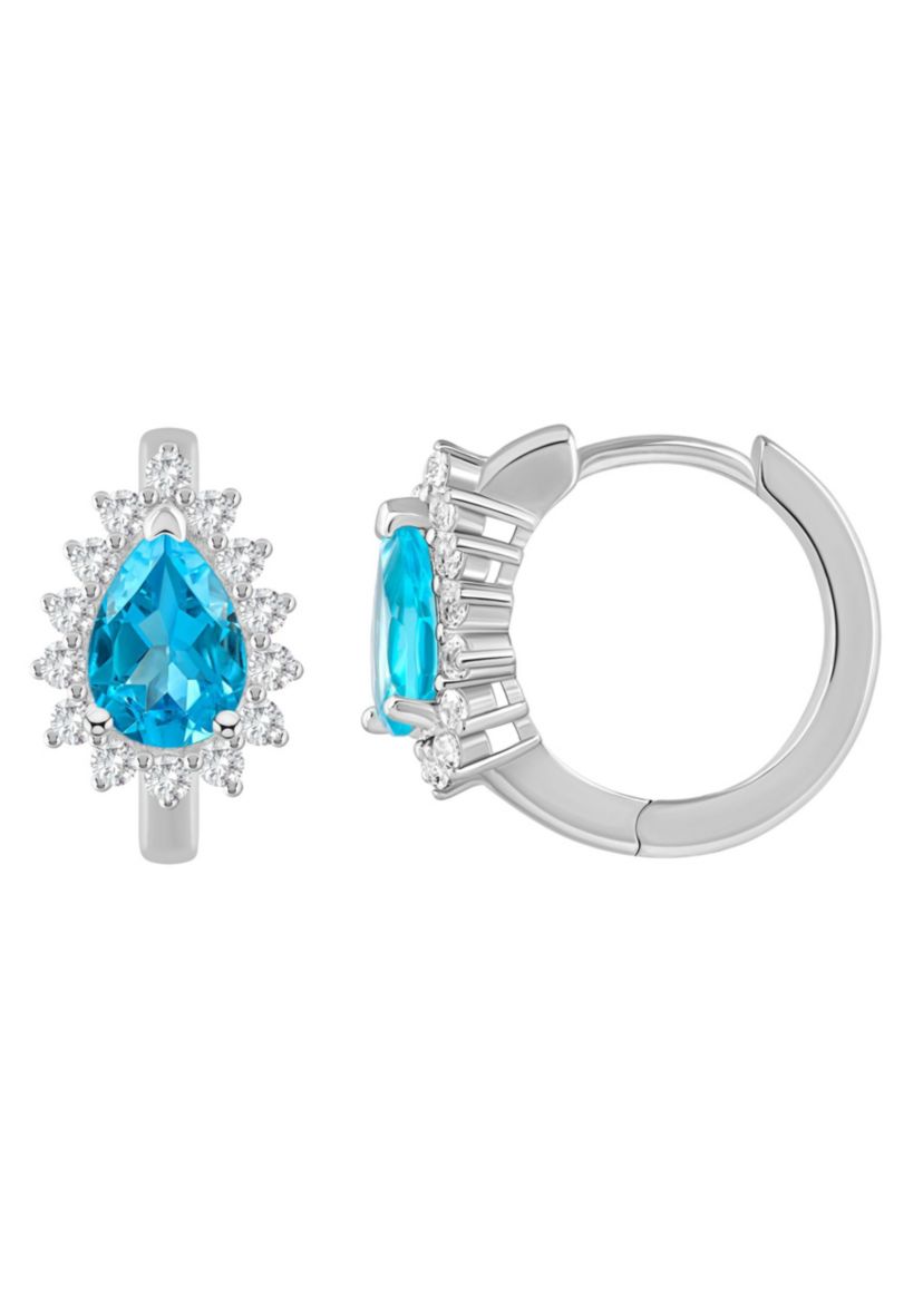 Sterling Silver 7x5mm Pear Shape Blue Topaz and White Topaz Halo Huggie Hoop Earrings