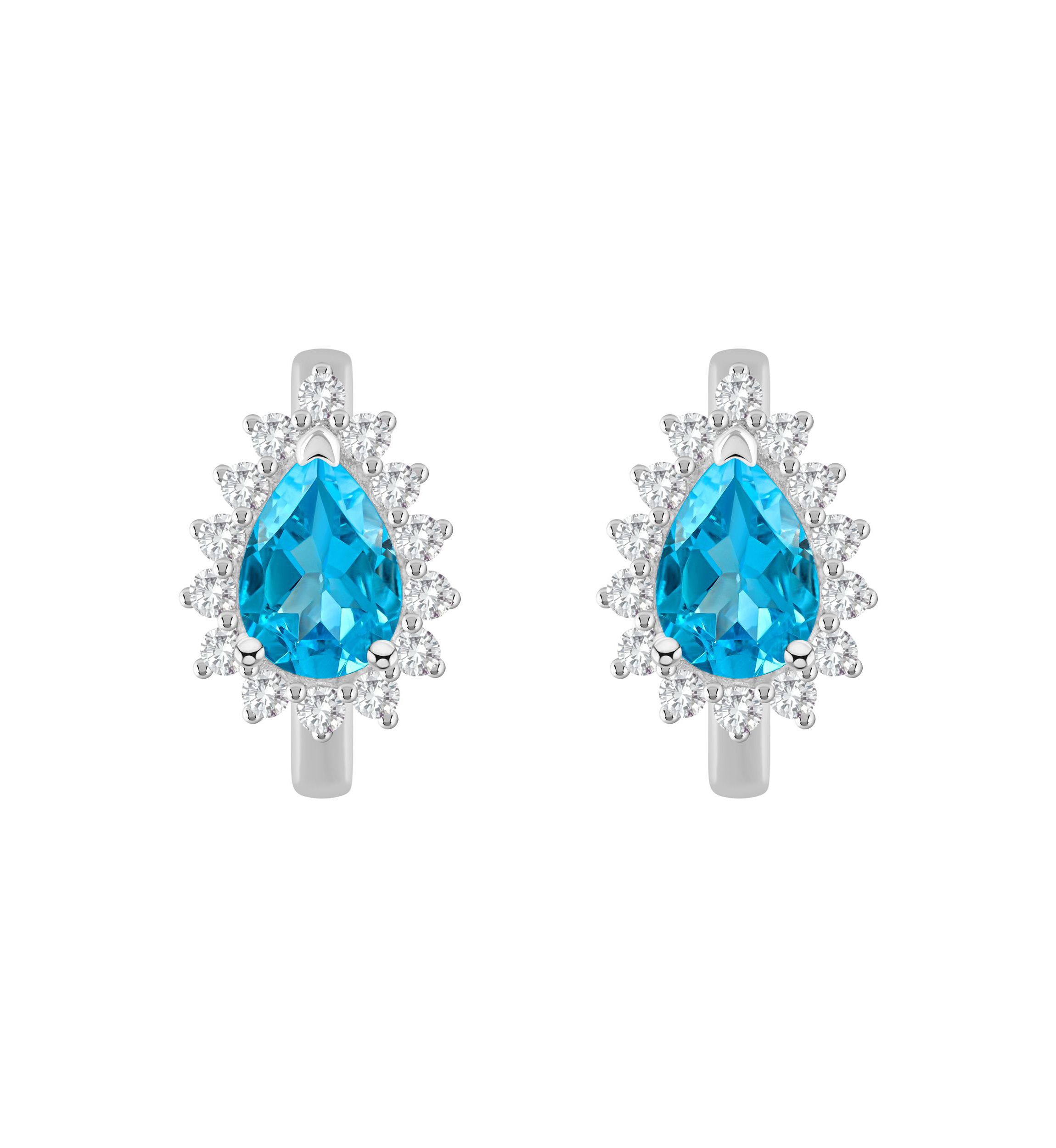 Sterling Silver 7x5mm Pear Shape Blue Topaz and White Topaz Halo Huggie Hoop Earrings