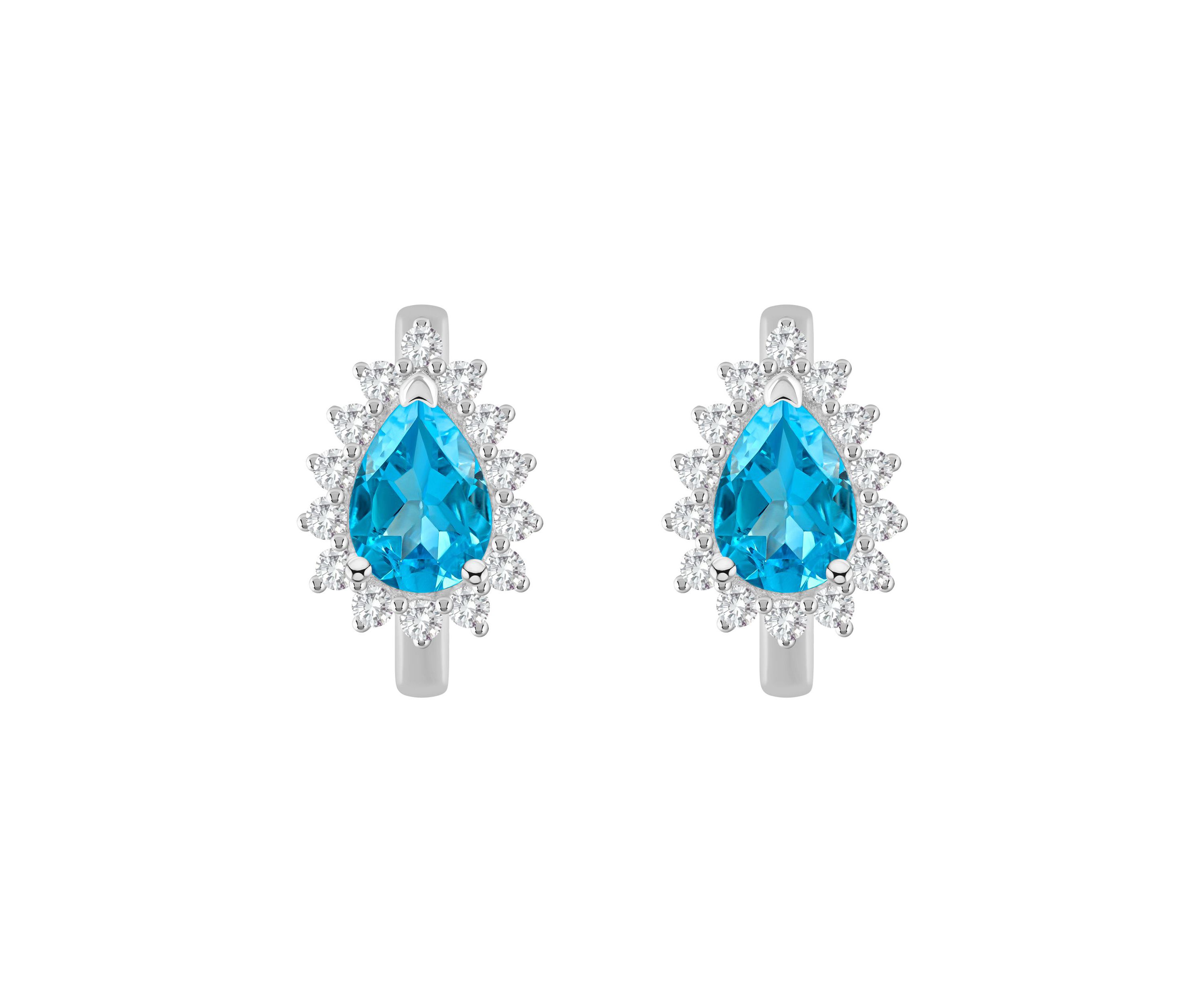 Sterling Silver 7x5mm Pear Shape Blue Topaz and White Topaz Halo Huggie Hoop Earrings