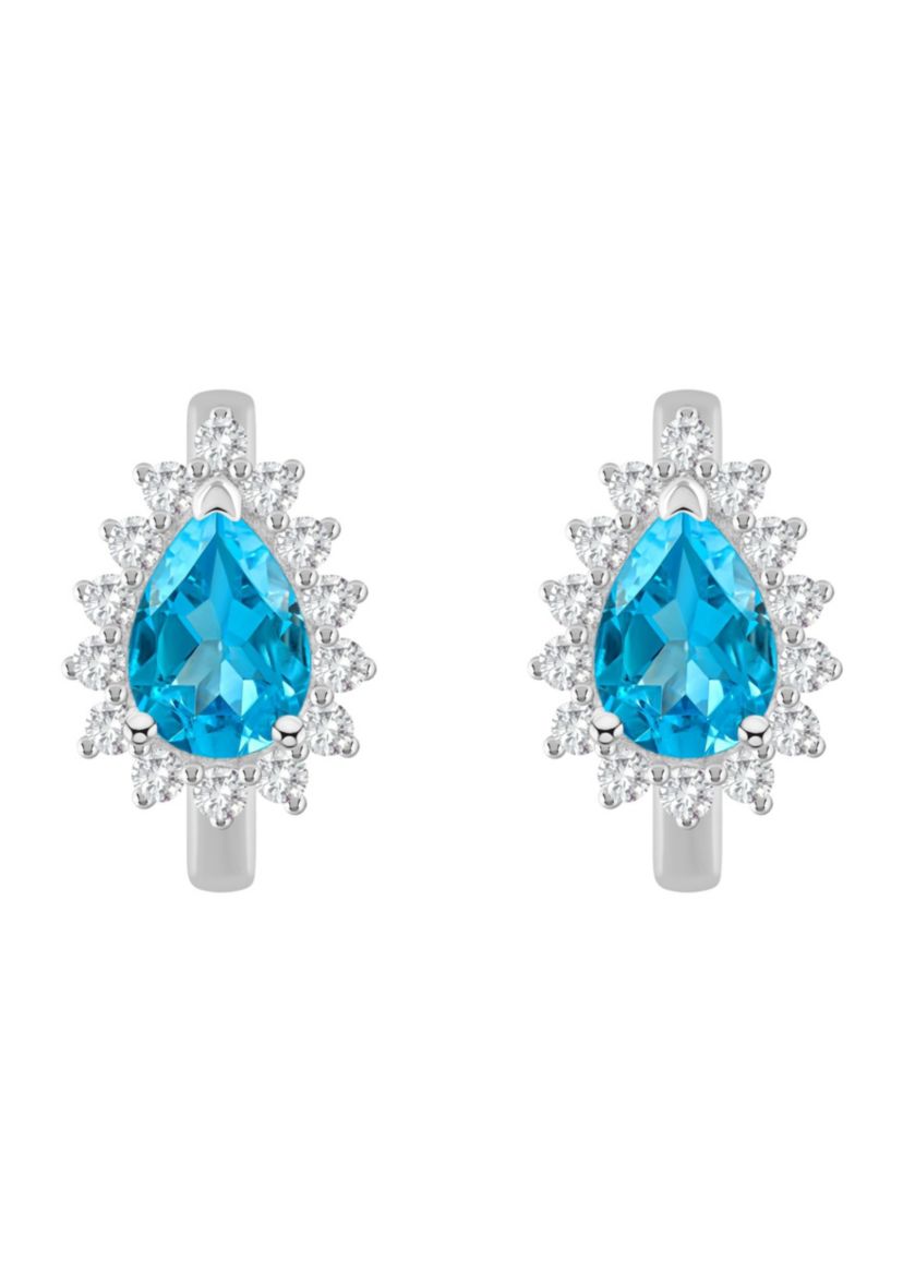 Sterling Silver 7x5mm Pear Shape Blue Topaz and White Topaz Halo Huggie Hoop Earrings