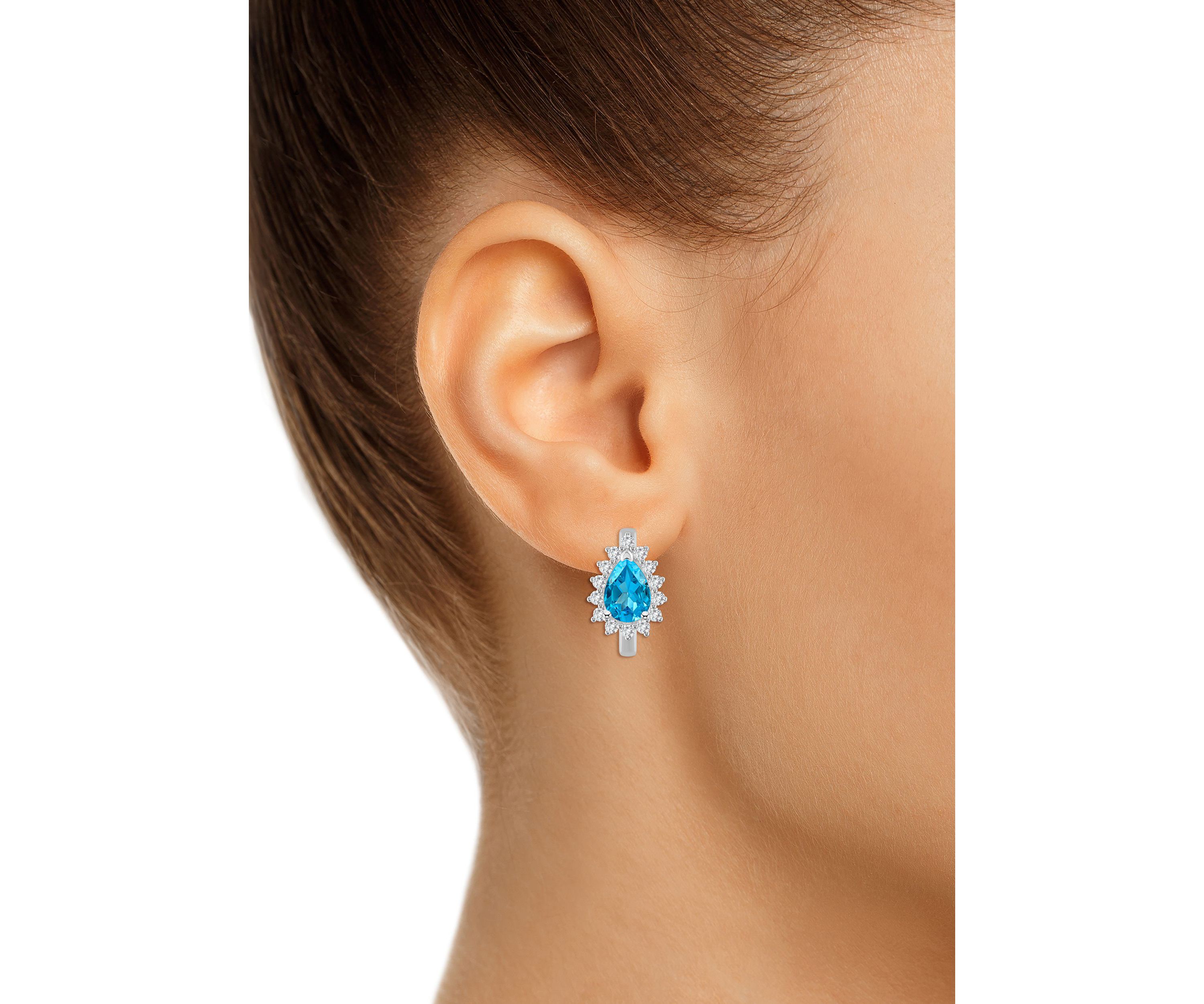 Sterling Silver 7x5mm Pear Shape Blue Topaz and White Topaz Halo Huggie Hoop Earrings