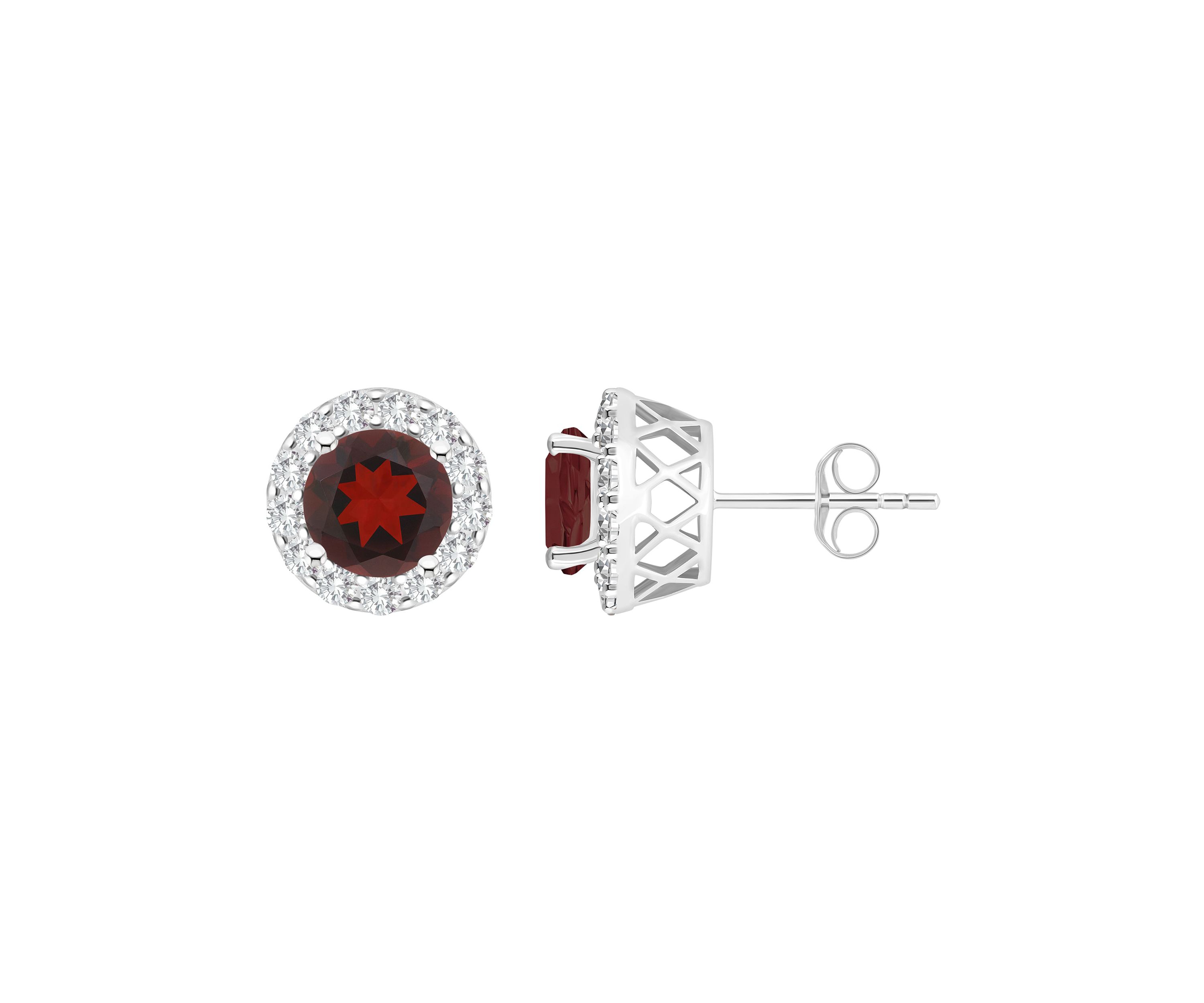 Sterling Silver 7mm Round Garnet And White Topaz Halo Stud Earrings