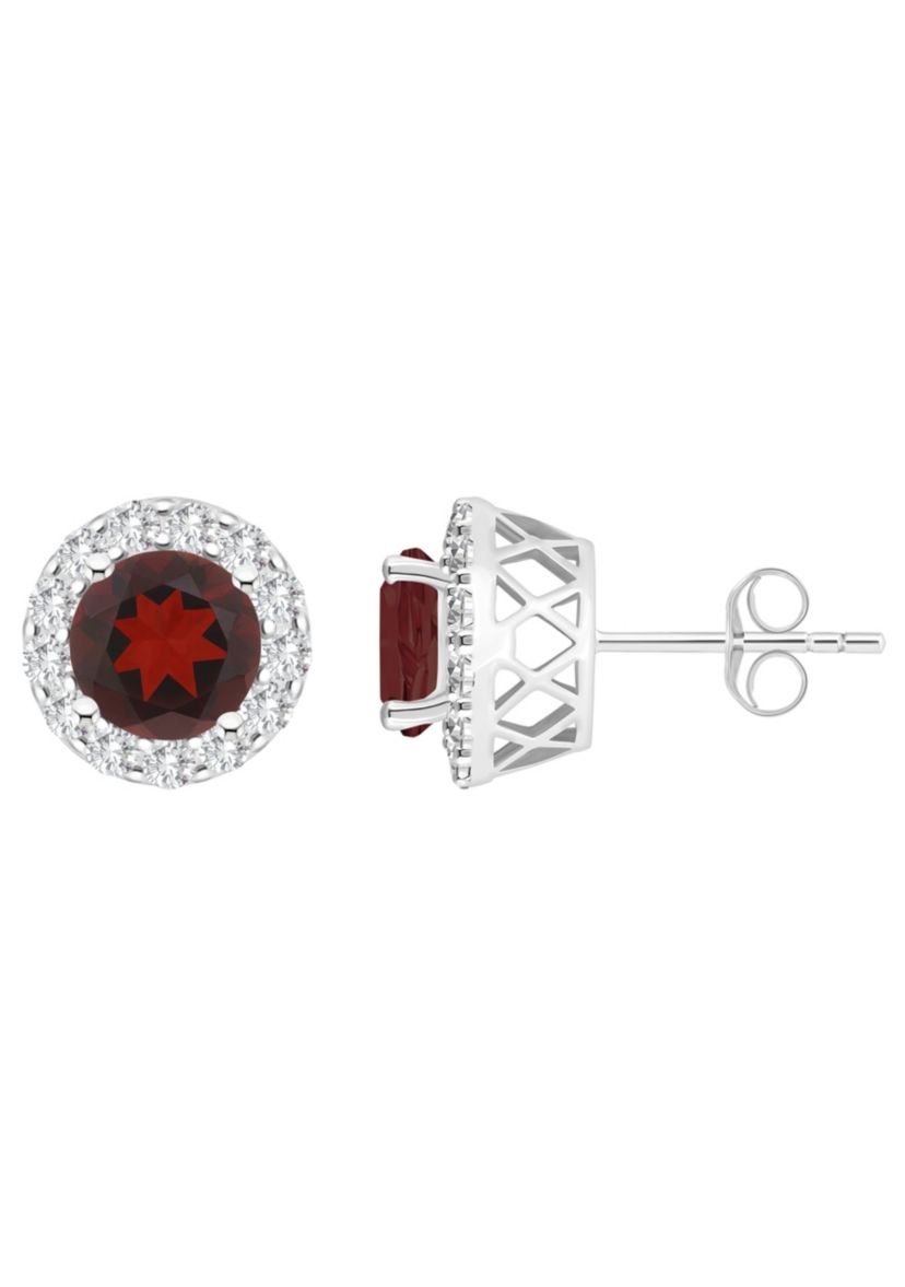 Sterling Silver 7mm Round Garnet And White Topaz Halo Stud Earrings