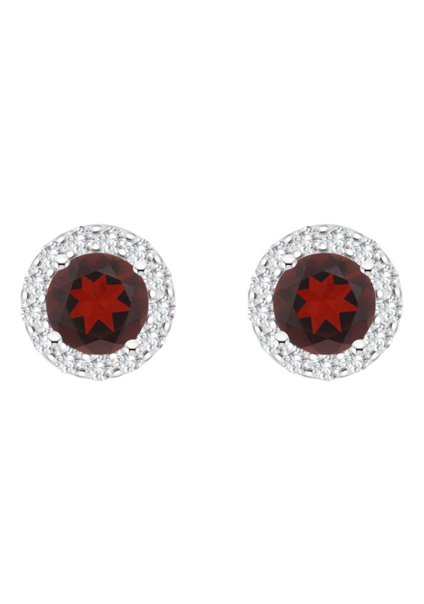 Sterling Silver 7mm Round Garnet And White Topaz Halo Stud Earrings