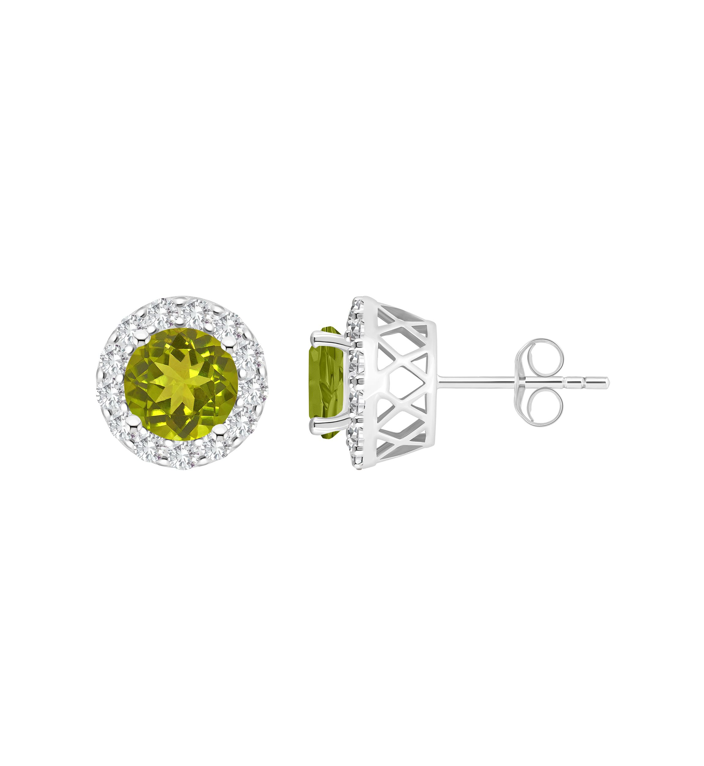 Sterling Silver 7mm Round Peridot And White Topaz Halo Stud Earrings