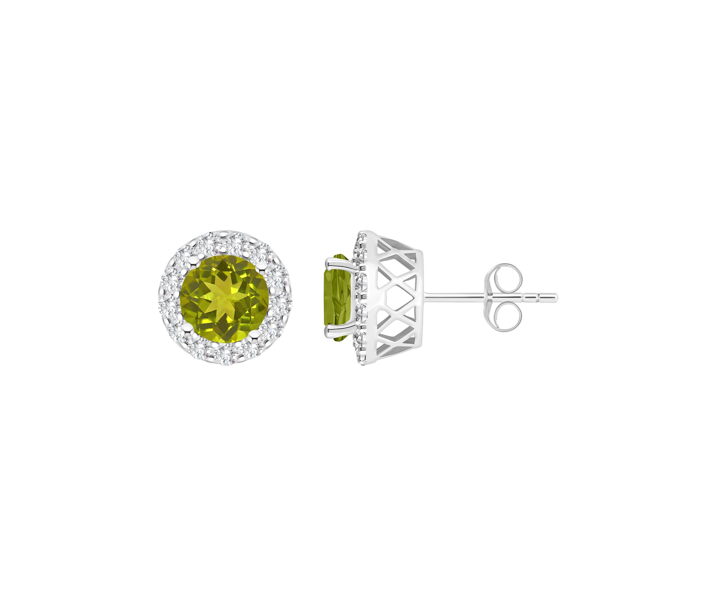 Sterling Silver 7mm Round Peridot And White Topaz Halo Stud Earrings
