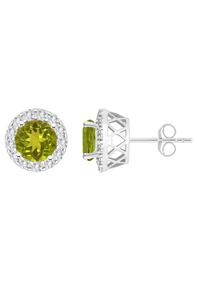 Sterling Silver 7mm Round Peridot And White Topaz Halo Stud Earrings