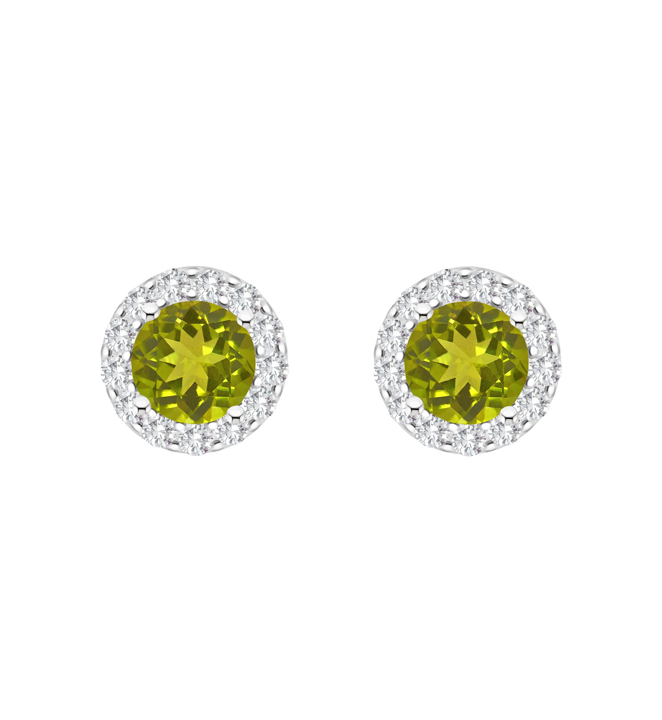 Sterling Silver 7mm Round Peridot And White Topaz Halo Stud Earrings