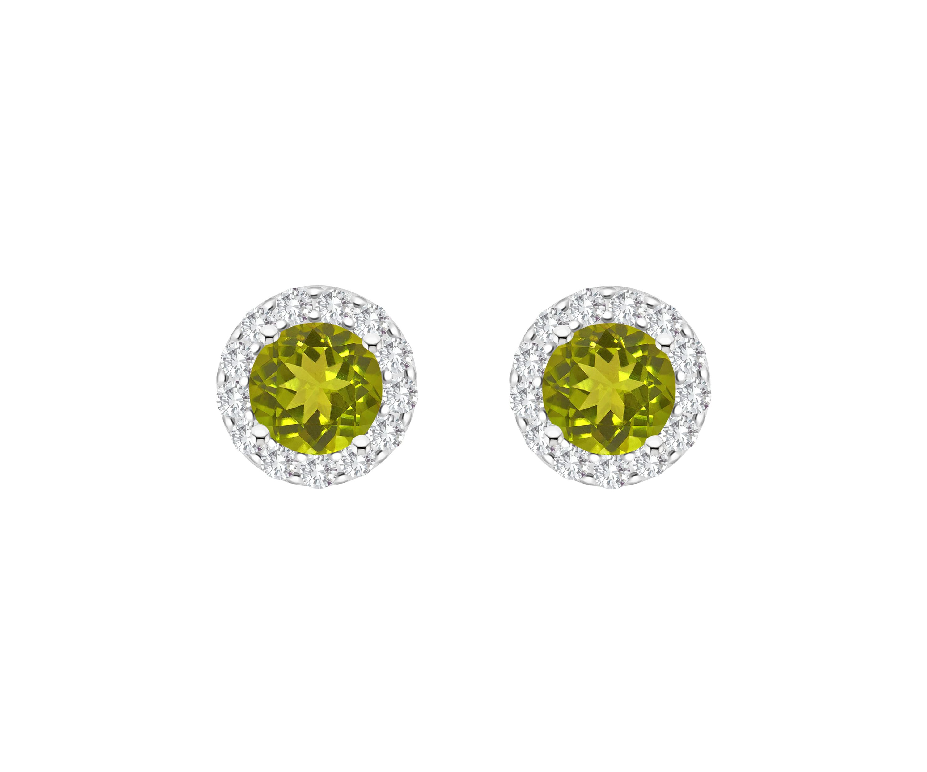 Sterling Silver 7mm Round Peridot And White Topaz Halo Stud Earrings