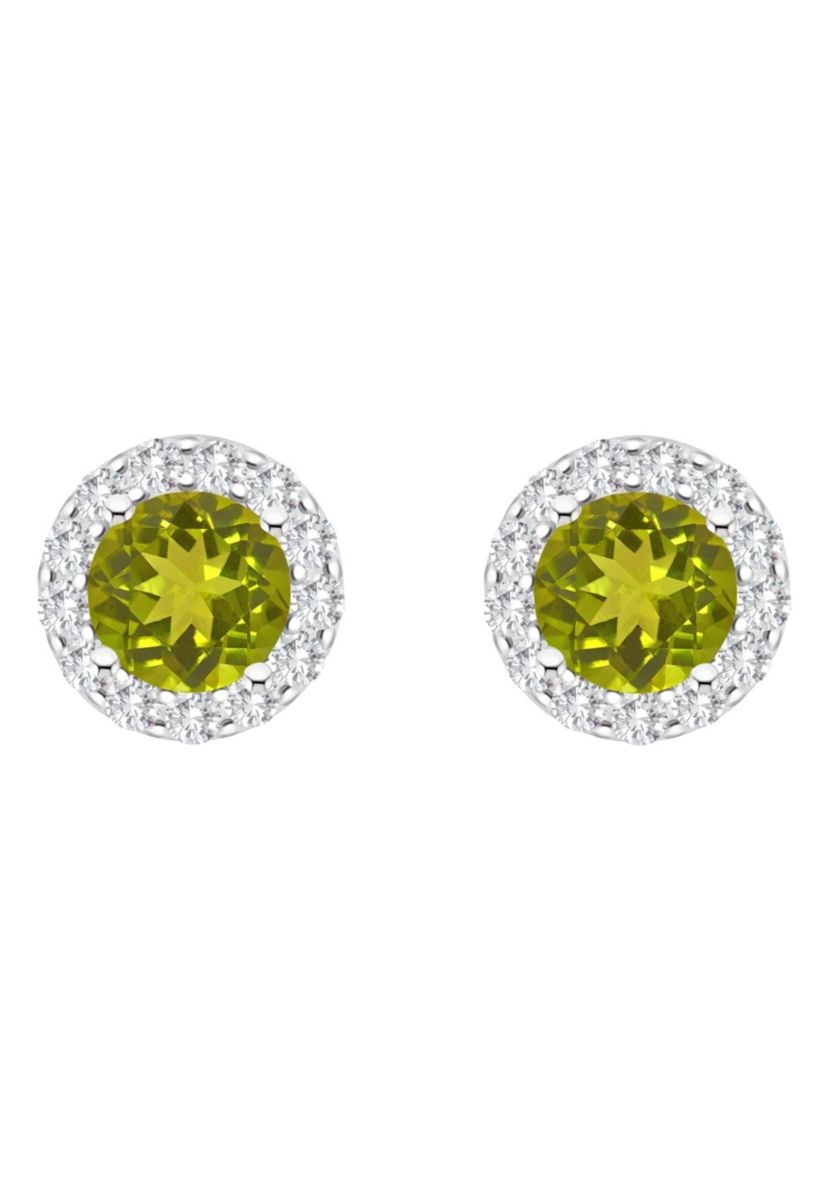 Sterling Silver 7mm Round Peridot And White Topaz Halo Stud Earrings