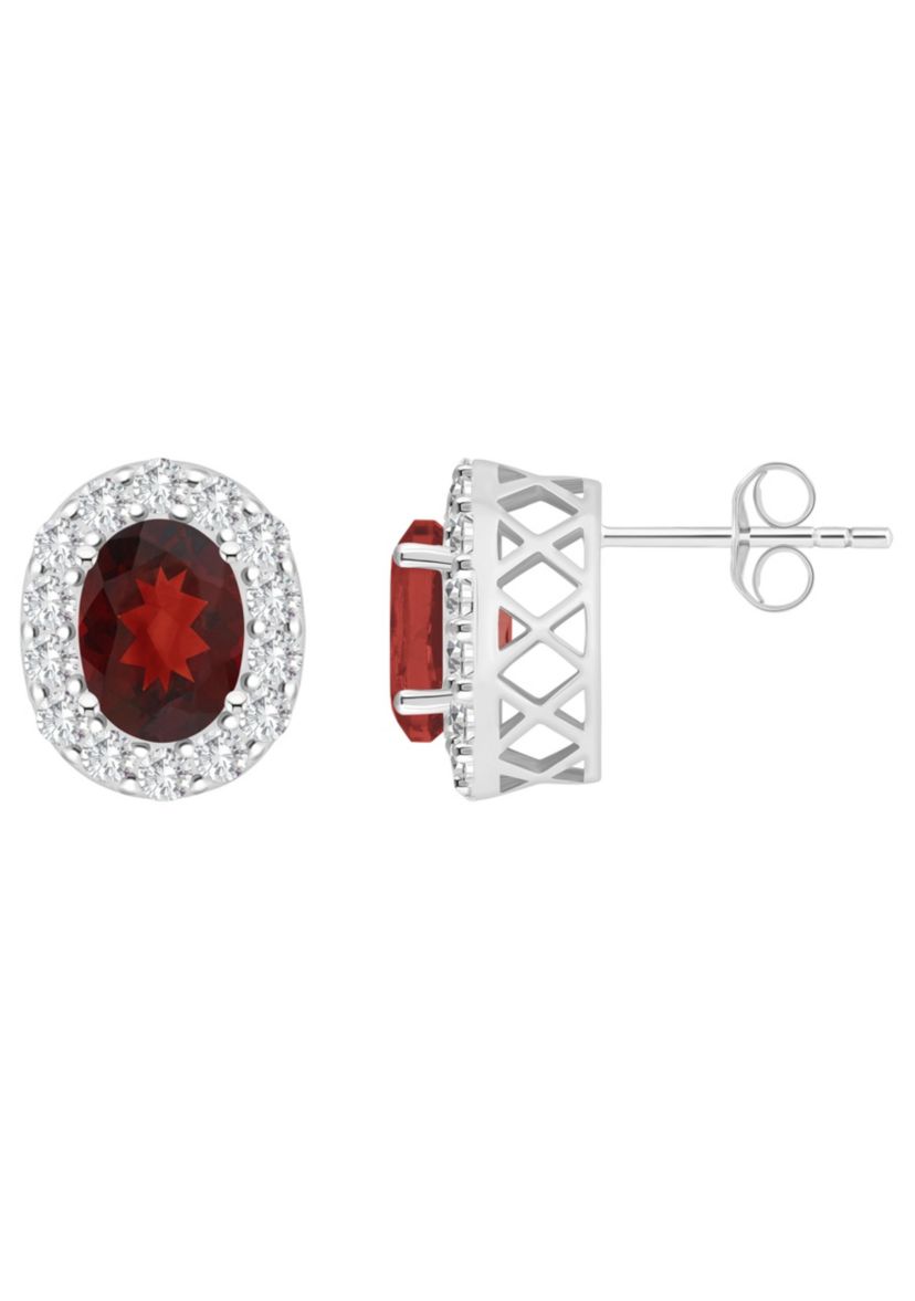Sterling Silver 8x6mm Oval Garnet And White Topaz Halo Stud Earrings