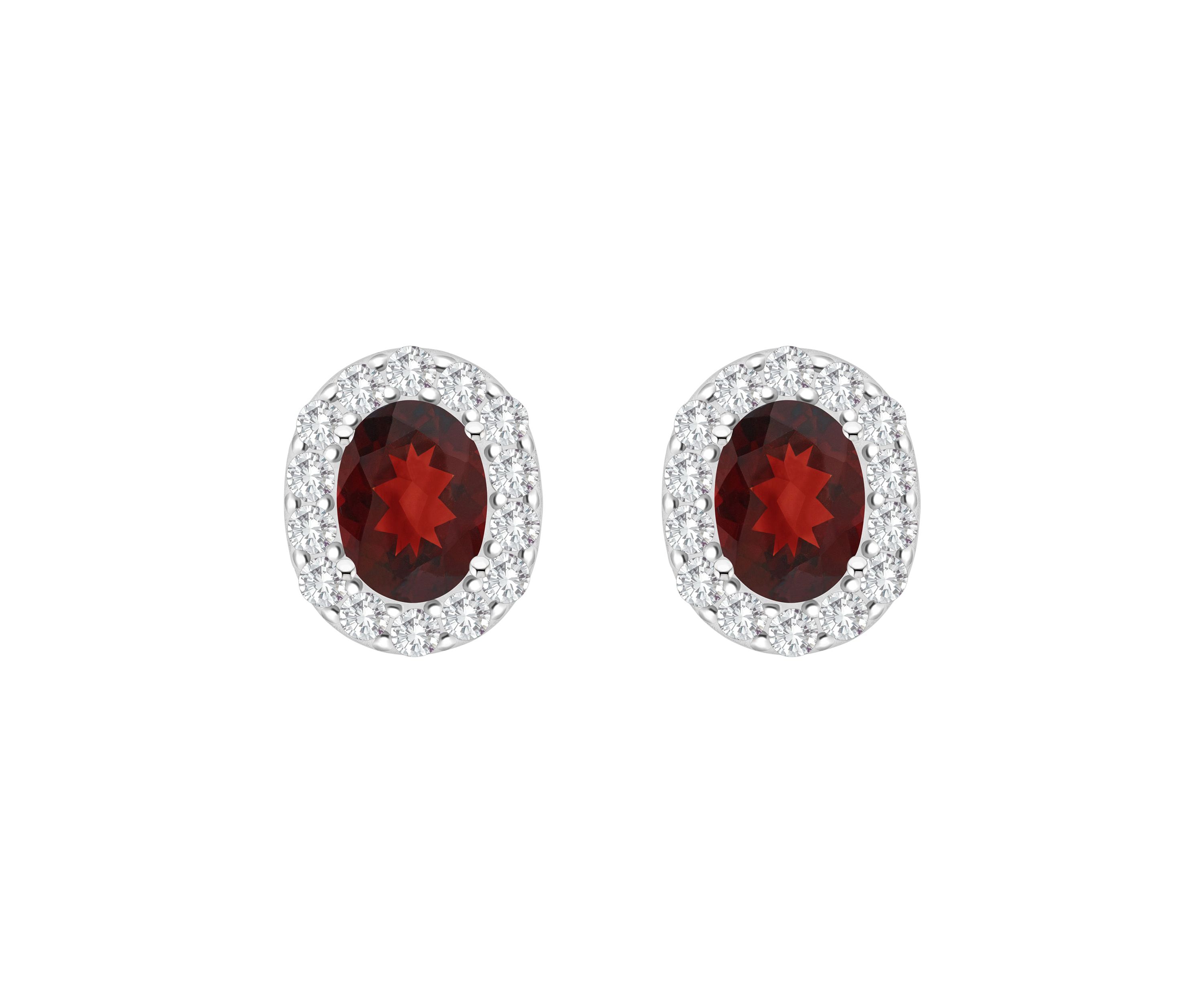 Sterling Silver 8x6mm Oval Garnet And White Topaz Halo Stud Earrings