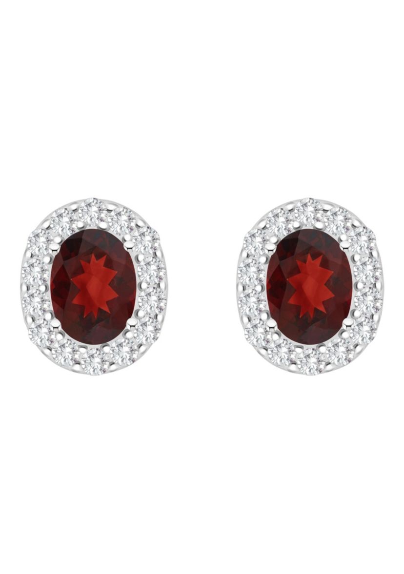 Sterling Silver 8x6mm Oval Garnet And White Topaz Halo Stud Earrings