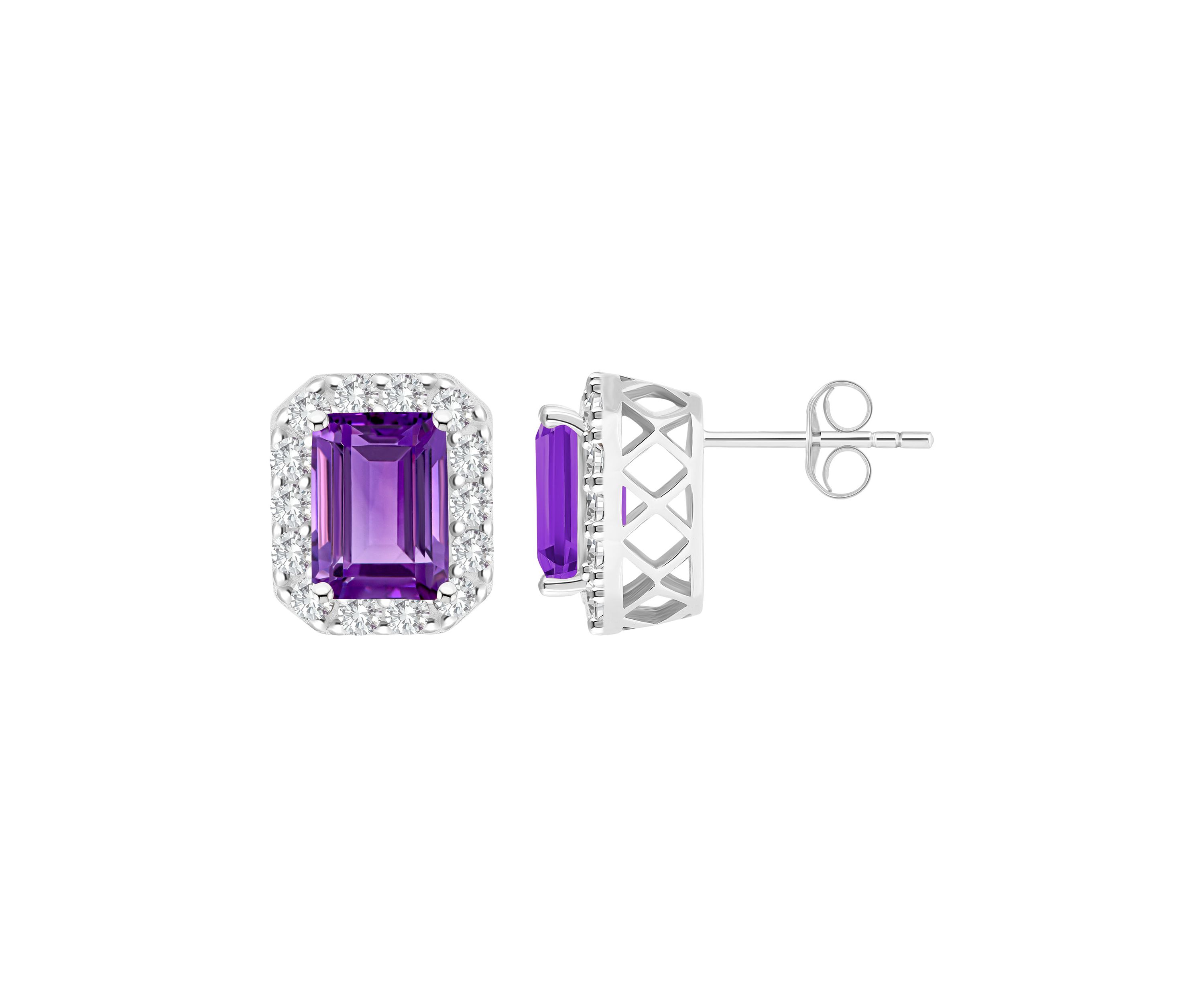 Sterling Silver 8x6mm Emerald Cut Amethyst And White Topaz Halo Stud Earrings