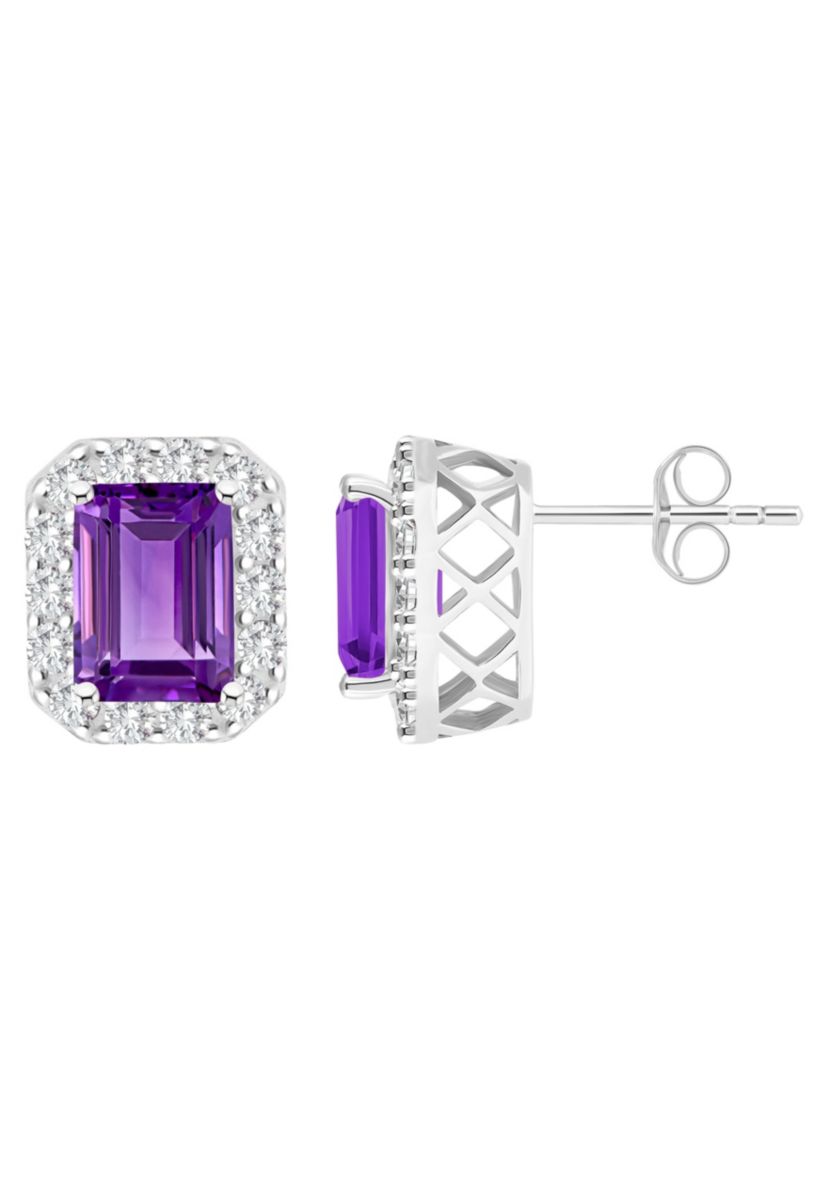 Sterling Silver 8x6mm Emerald Cut Amethyst And White Topaz Halo Stud Earrings