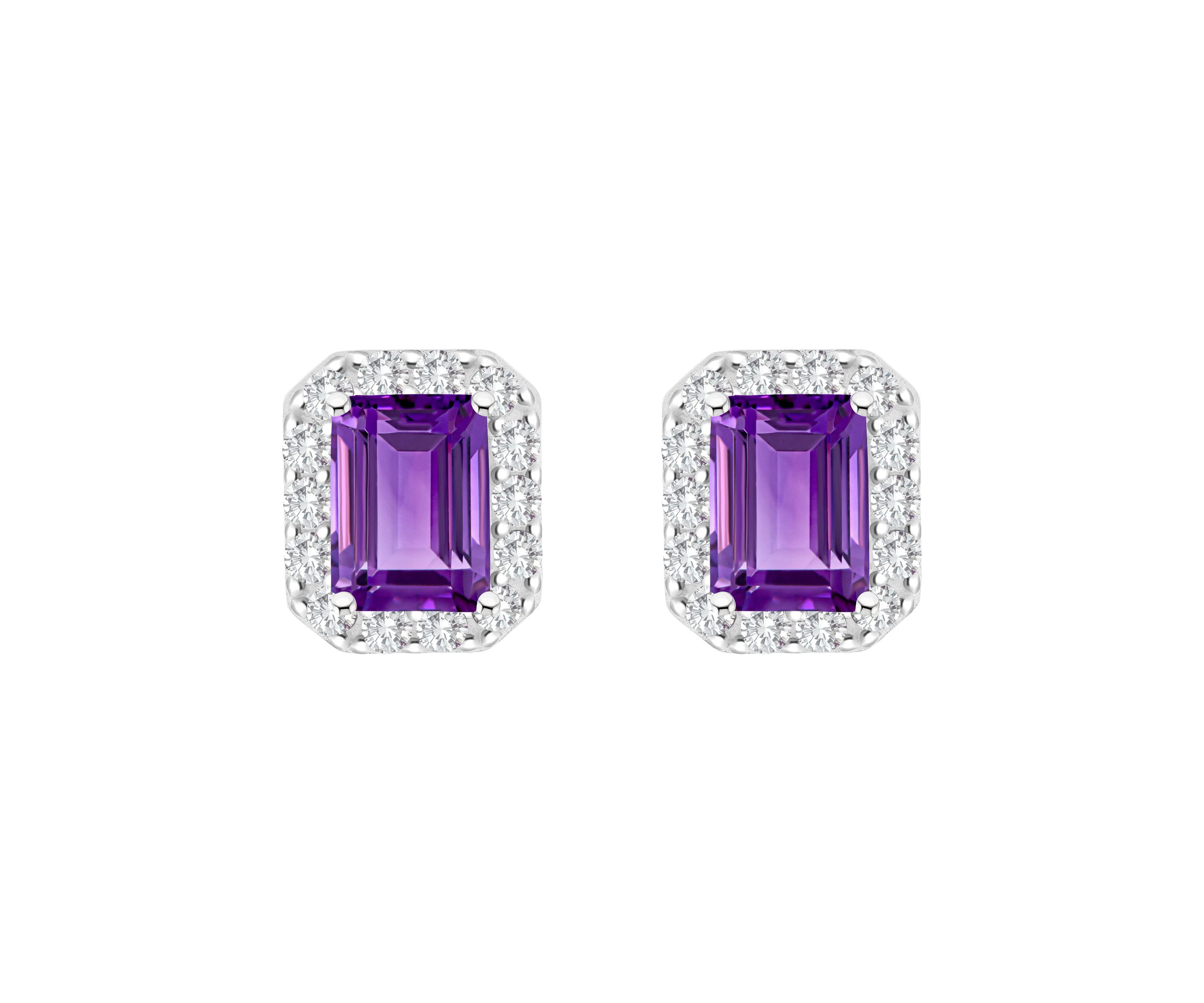 Sterling Silver 8x6mm Emerald Cut Amethyst And White Topaz Halo Stud Earrings