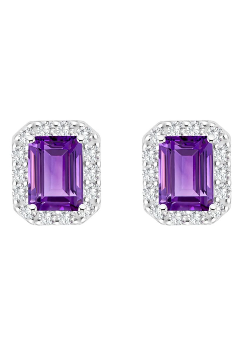 Sterling Silver 8x6mm Emerald Cut Amethyst And White Topaz Halo Stud Earrings