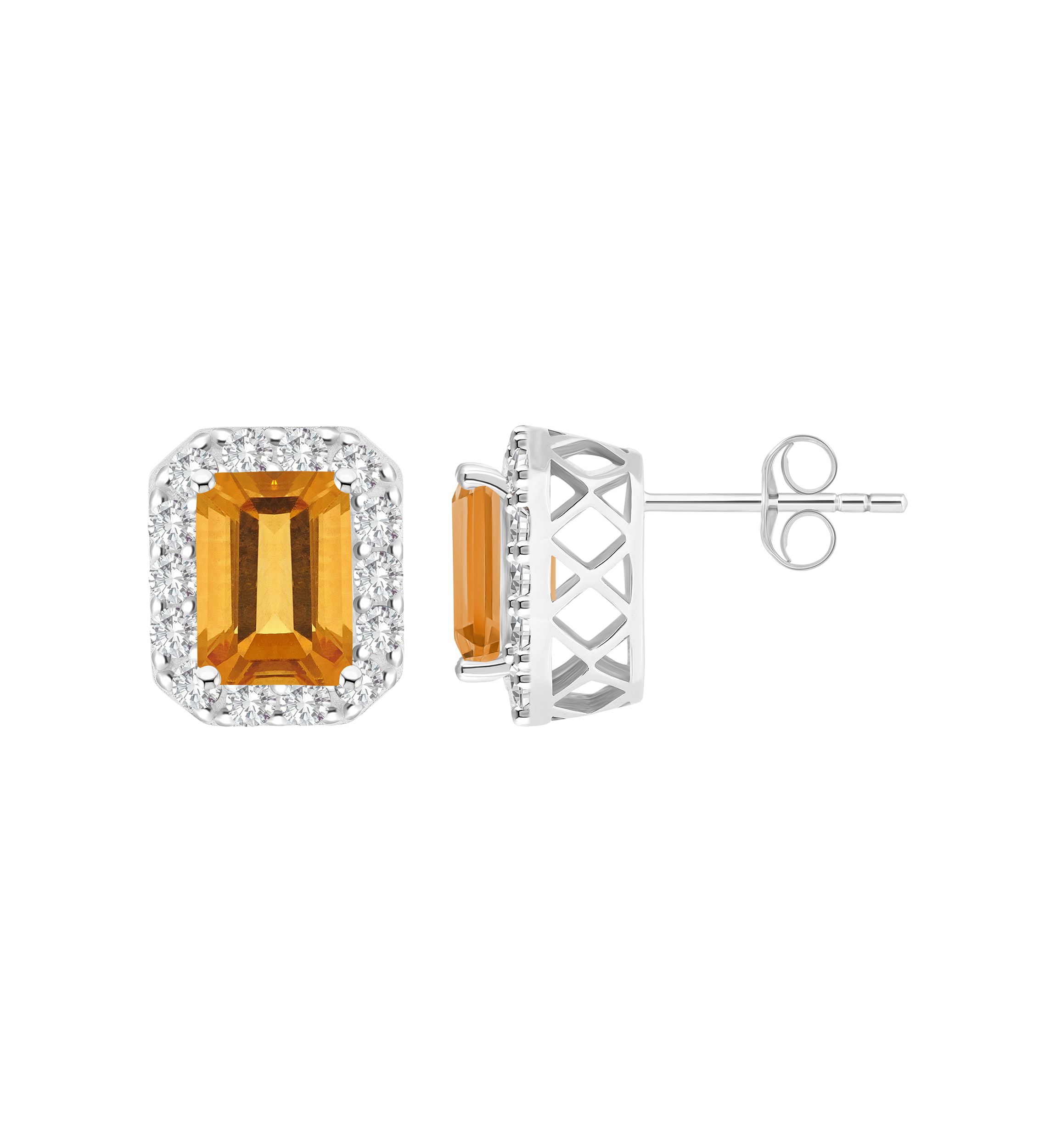 Sterling Silver 8x6mm Emerald Cut Citrine And White Topaz Halo Stud Earrings