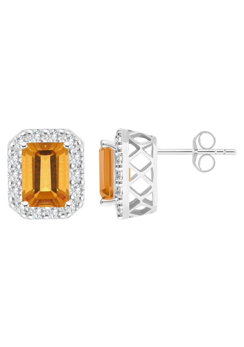 Sterling Silver 8x6mm Emerald Cut Citrine And White Topaz Halo Stud Earrings