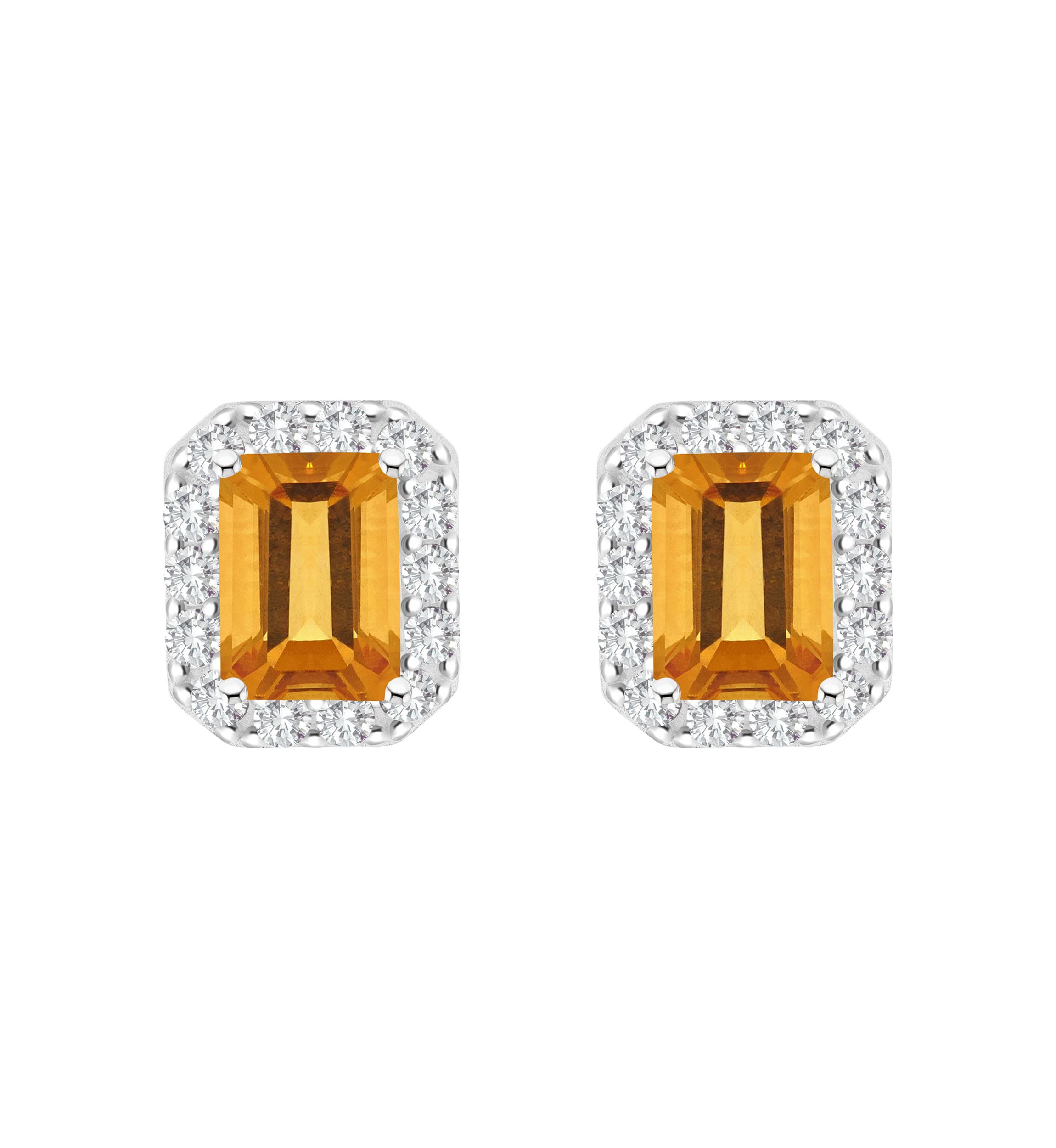 Sterling Silver 8x6mm Emerald Cut Citrine And White Topaz Halo Stud Earrings