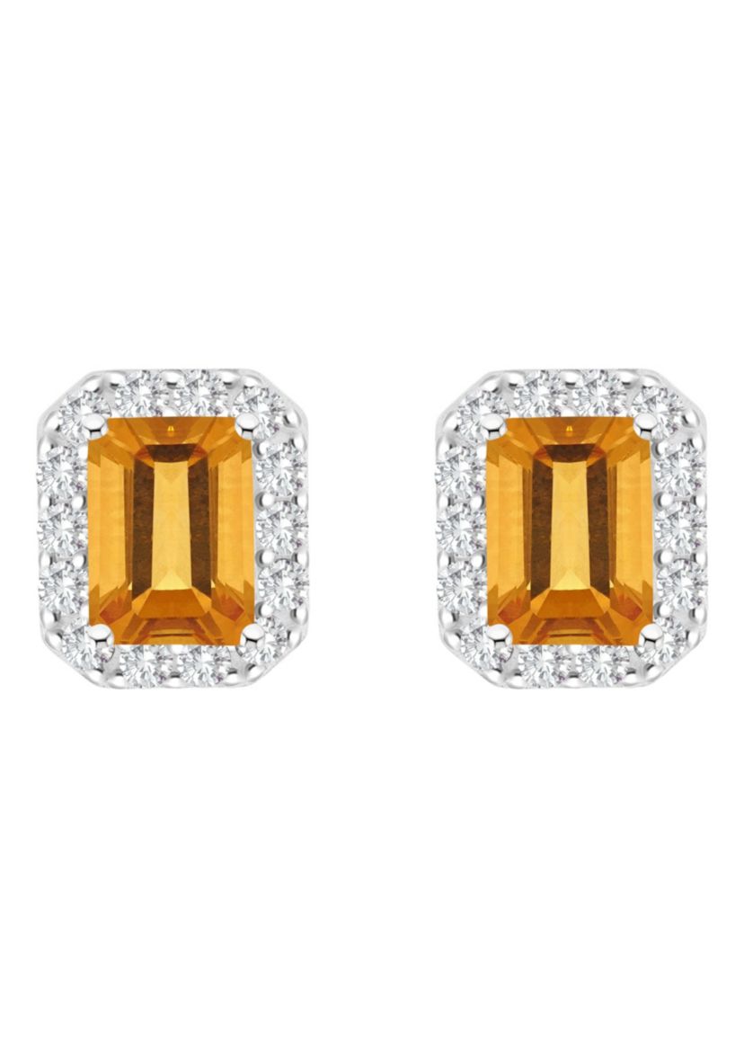Sterling Silver 8x6mm Emerald Cut Citrine And White Topaz Halo Stud Earrings