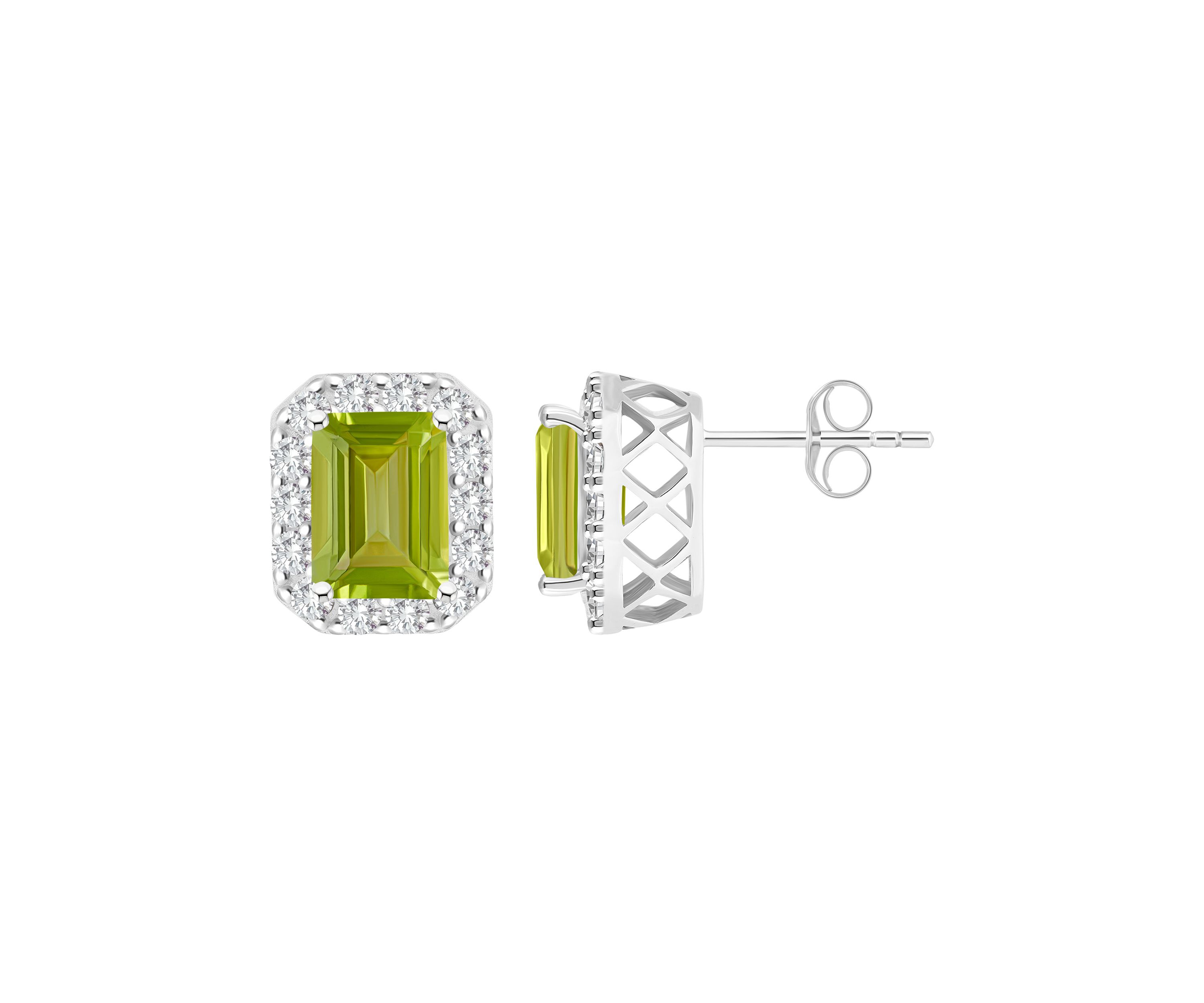 Sterling Silver 8x6mm Emerald Cut Peridot And White Topaz Halo Stud Earrings