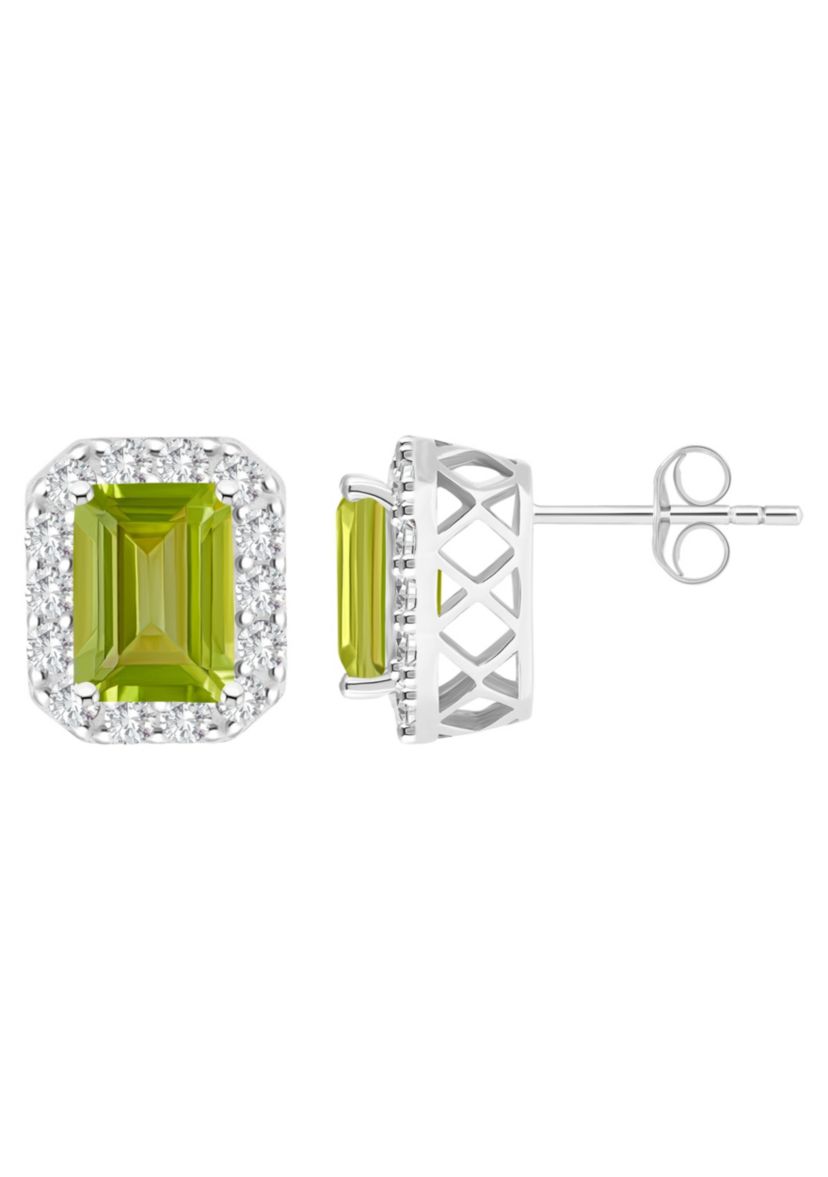 Sterling Silver 8x6mm Emerald Cut Peridot And White Topaz Halo Stud Earrings