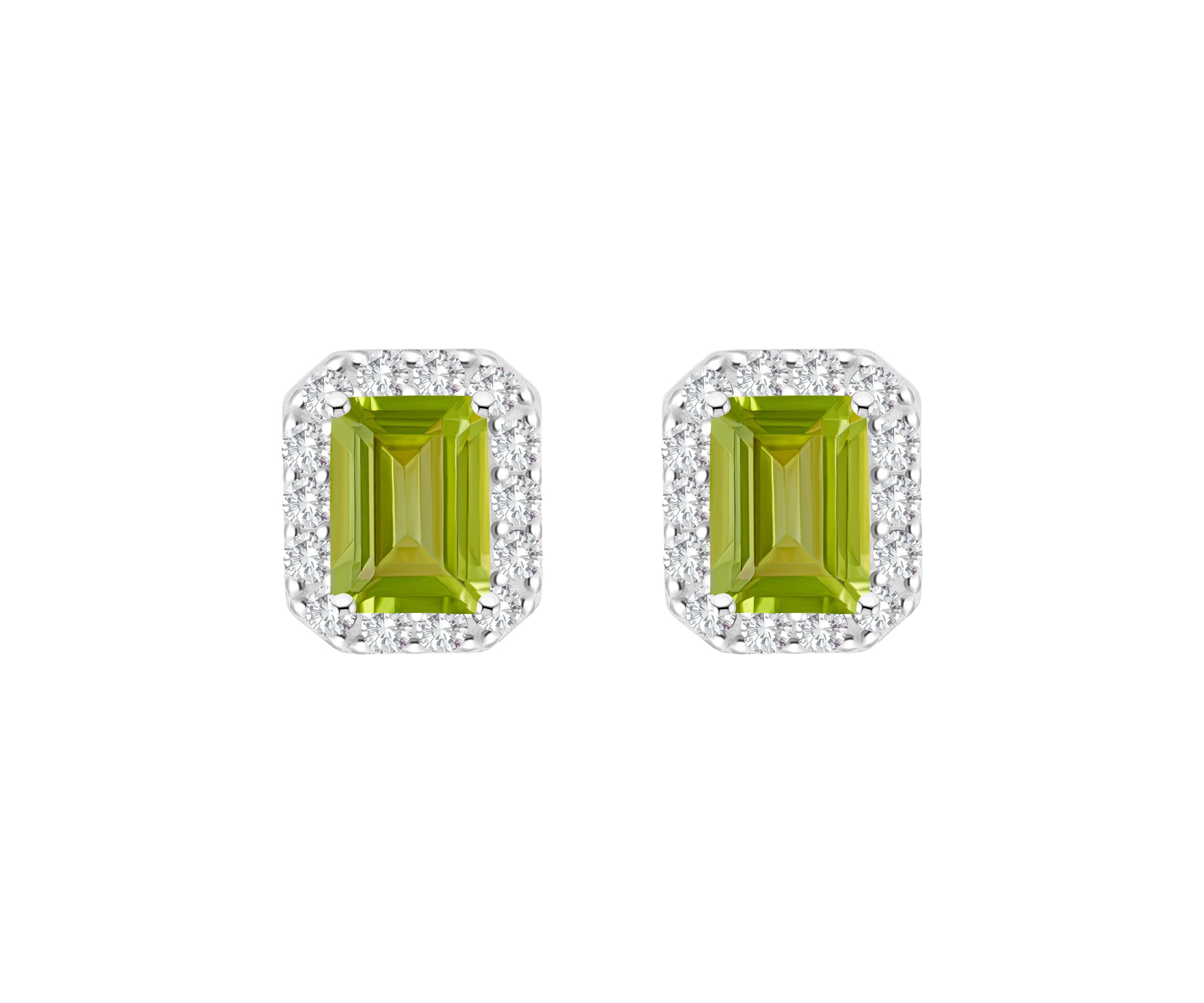 Sterling Silver 8x6mm Emerald Cut Peridot And White Topaz Halo Stud Earrings