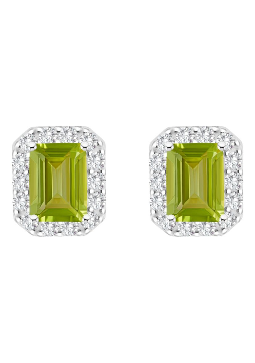 Sterling Silver 8x6mm Emerald Cut Peridot And White Topaz Halo Stud Earrings