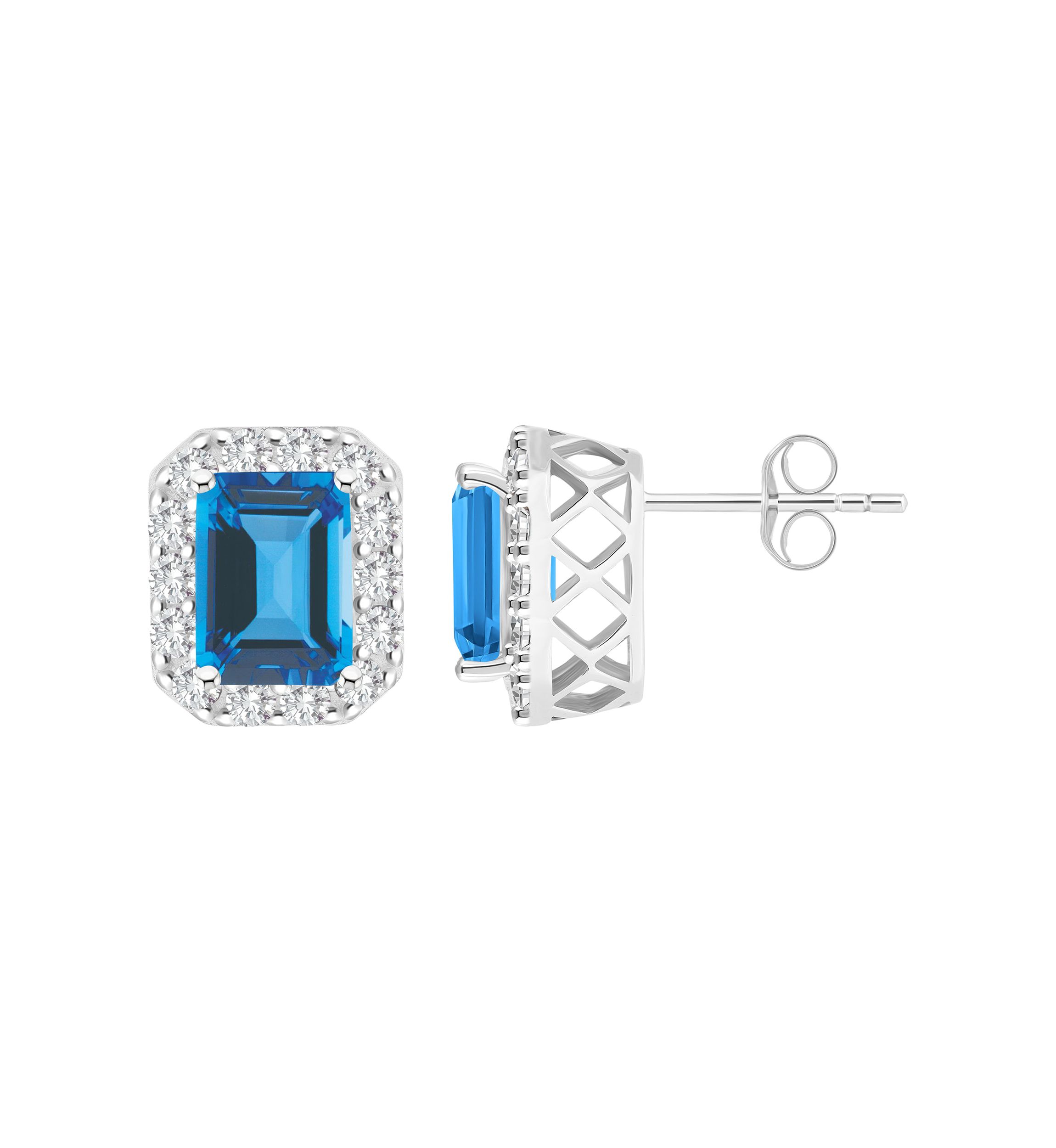 Sterling Silver 8x6mm Emerald Cut Blue Topaz And White Topaz Halo Stud Earrings