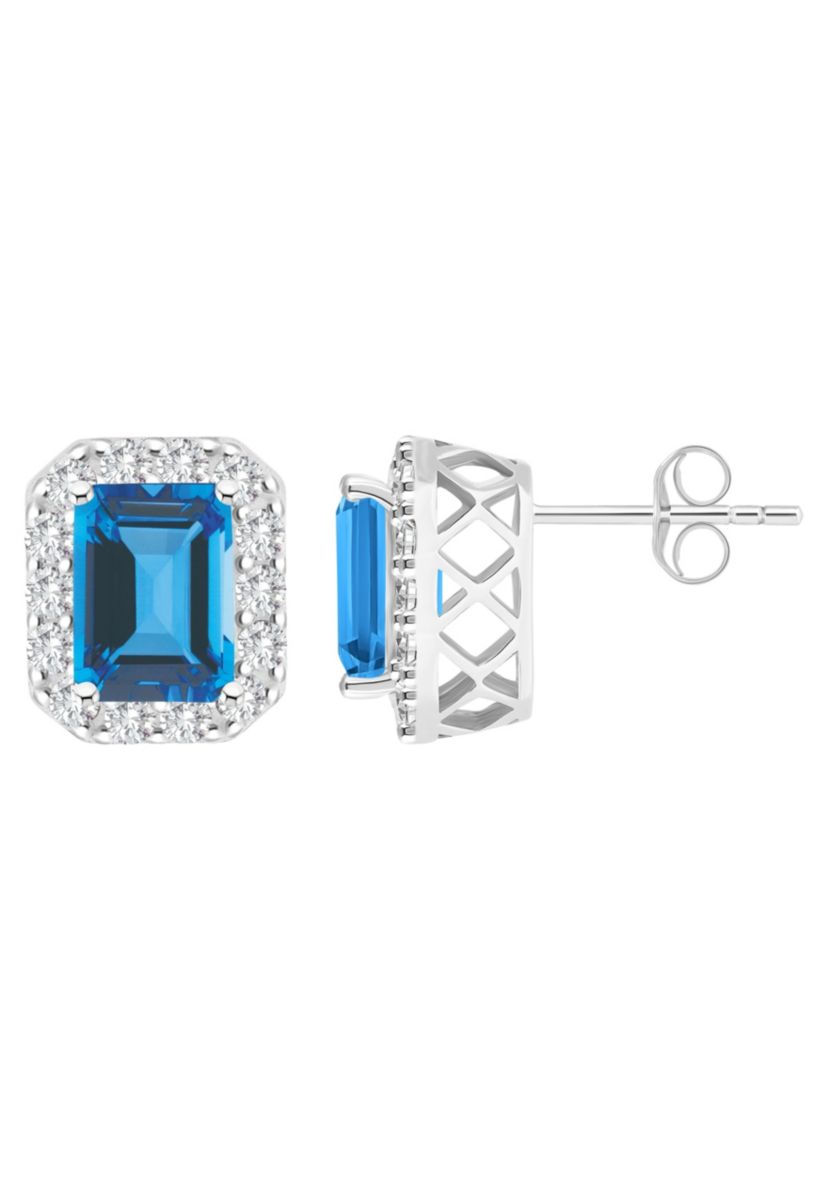 Sterling Silver 8x6mm Emerald Cut Blue Topaz And White Topaz Halo Stud Earrings