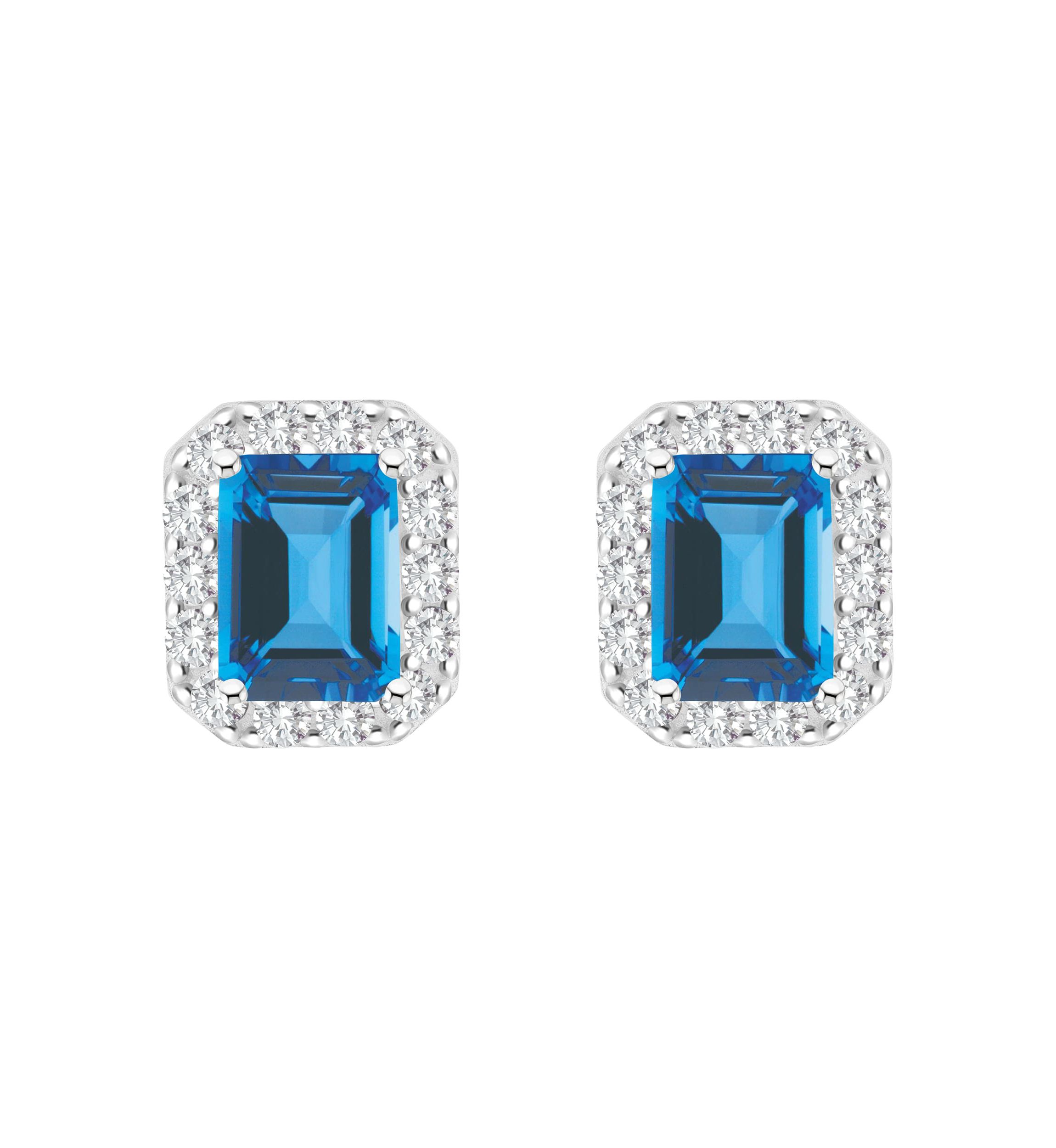 Sterling Silver 8x6mm Emerald Cut Blue Topaz And White Topaz Halo Stud Earrings