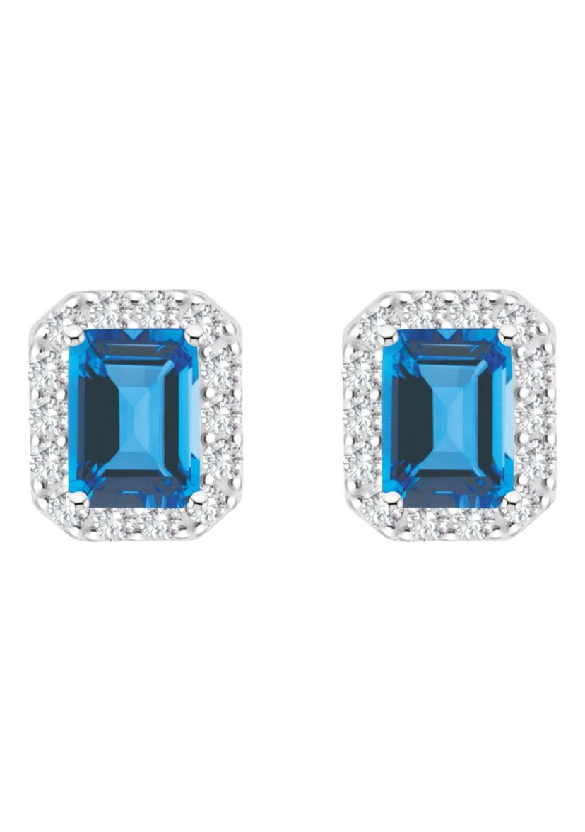 Sterling Silver 8x6mm Emerald Cut Blue Topaz And White Topaz Halo Stud Earrings