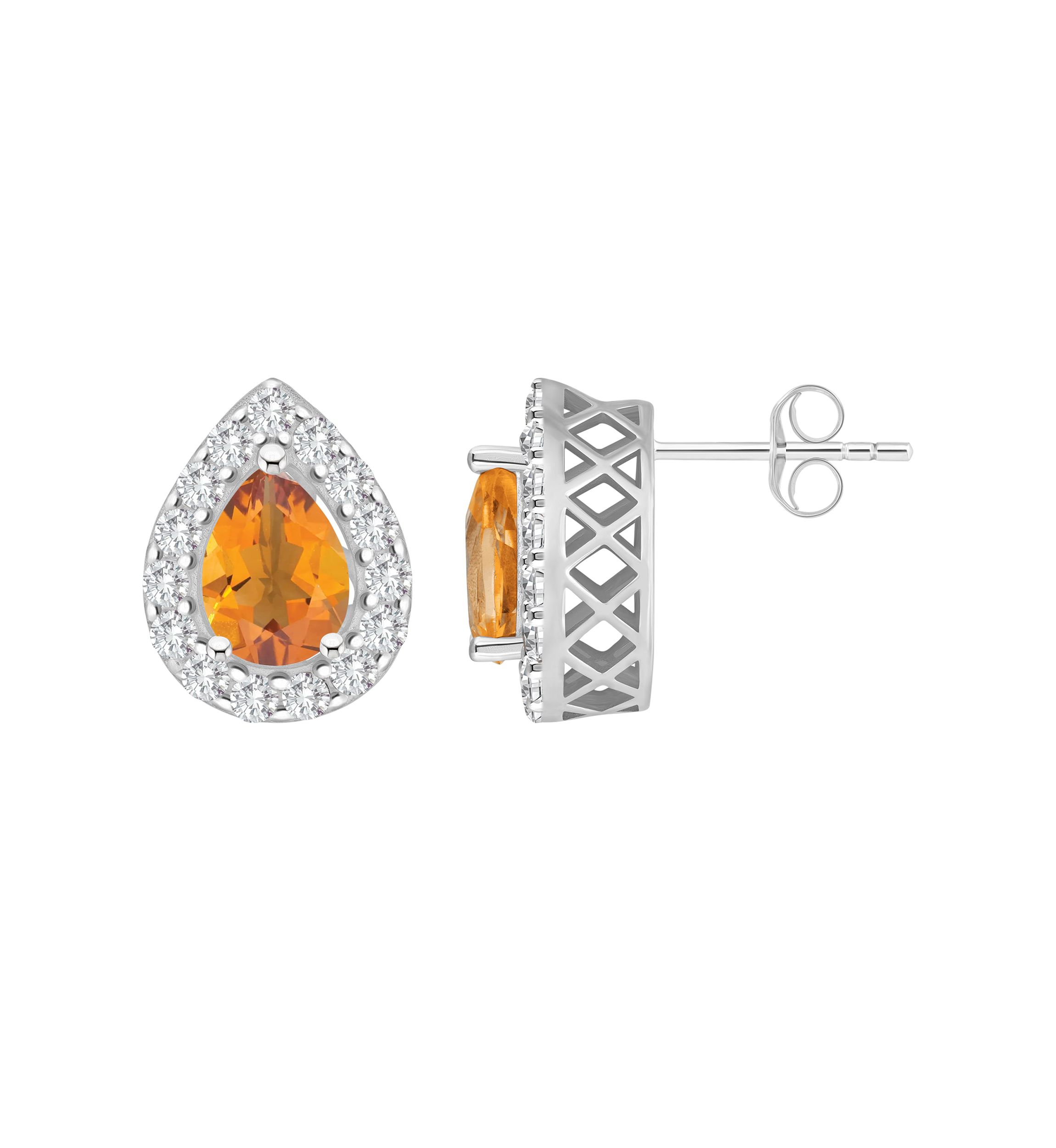 Sterling Silver 8x5mm Pear Shape Citrine And White Topaz Halo Stud Earrings