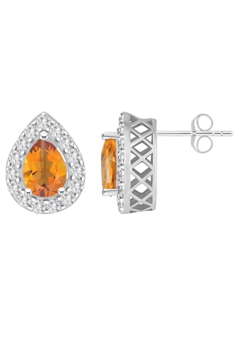 Sterling Silver 8x5mm Pear Shape Citrine And White Topaz Halo Stud Earrings
