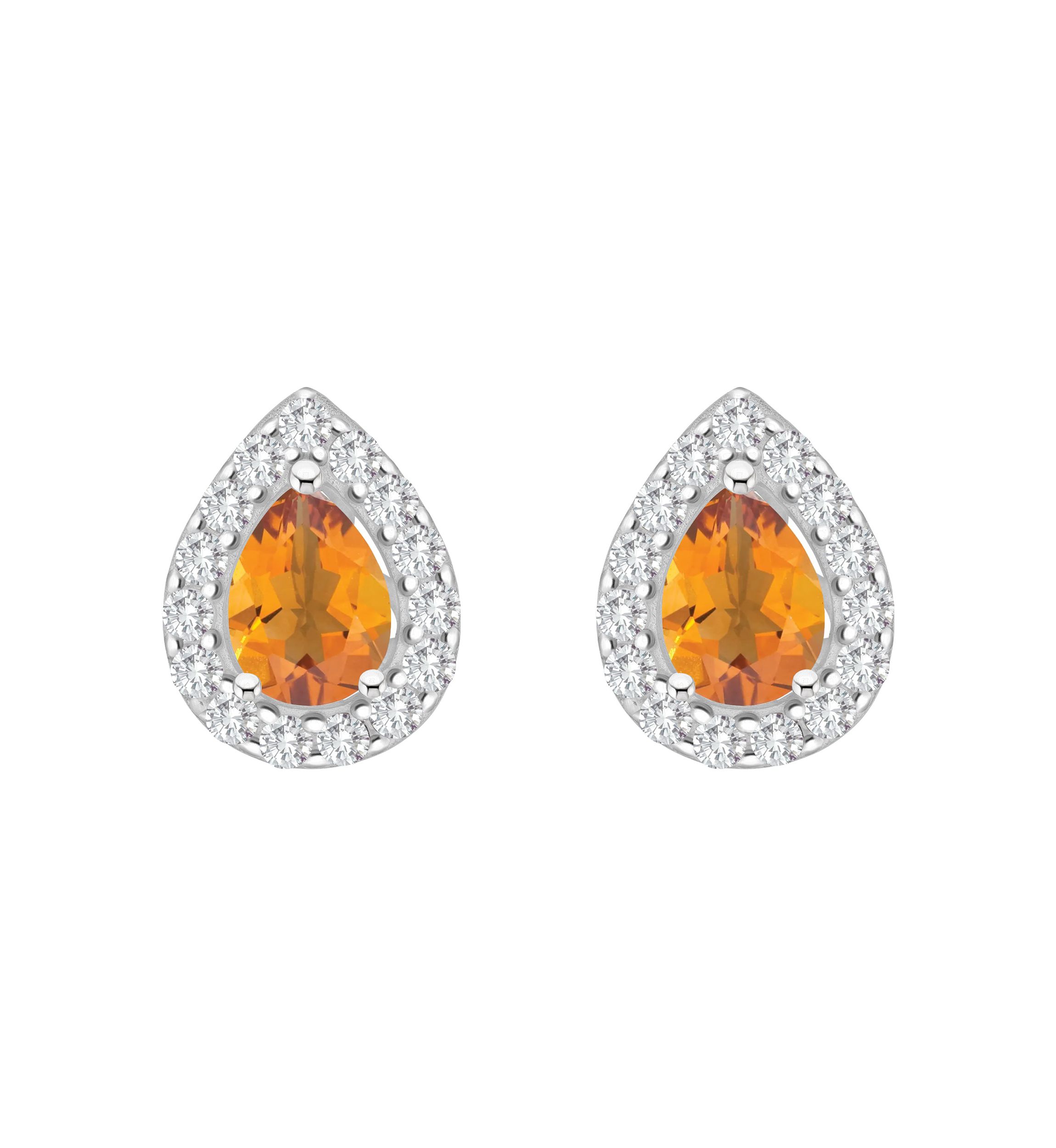 Sterling Silver 8x5mm Pear Shape Citrine And White Topaz Halo Stud Earrings